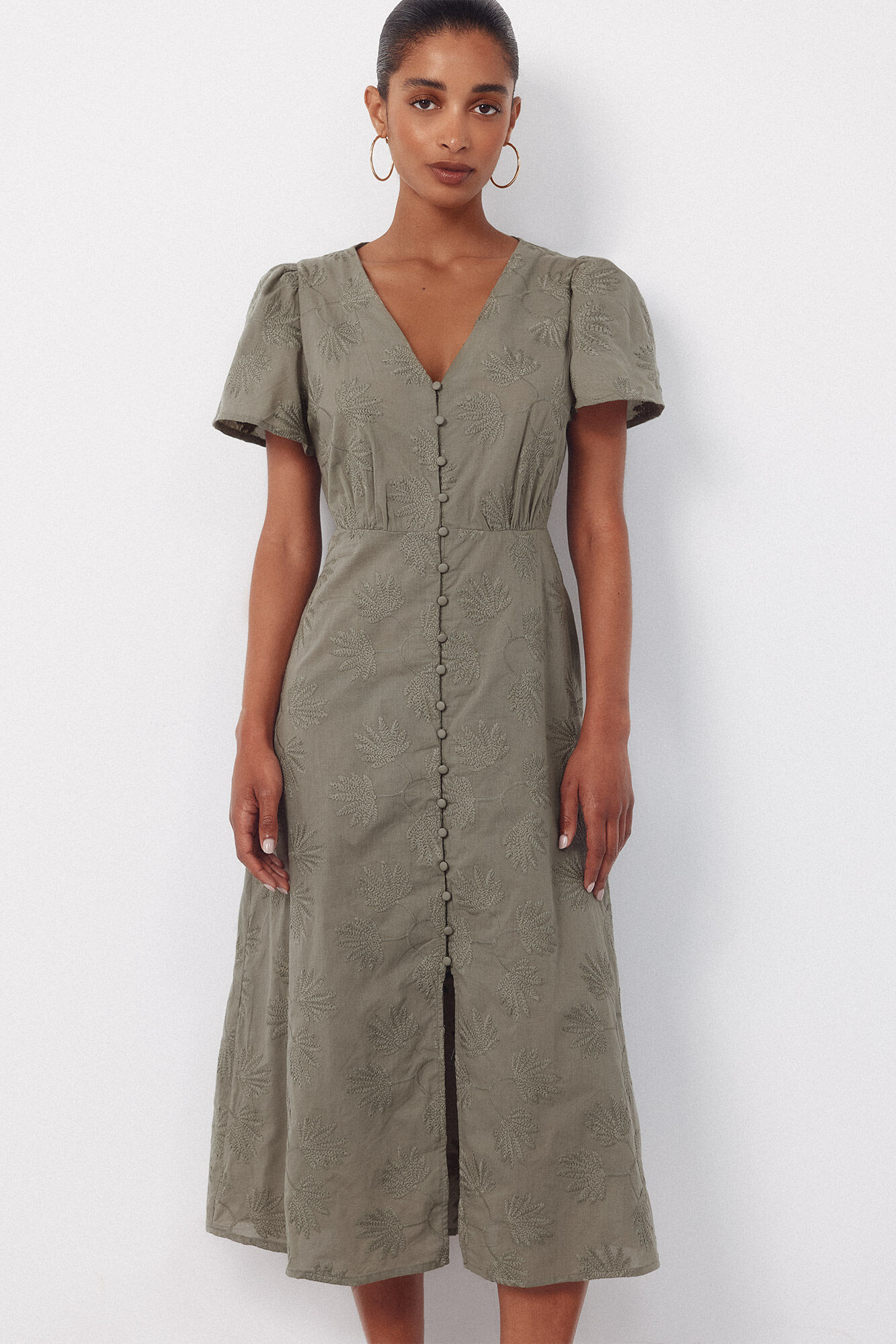 Cortefiel Embroidered dress Kaki