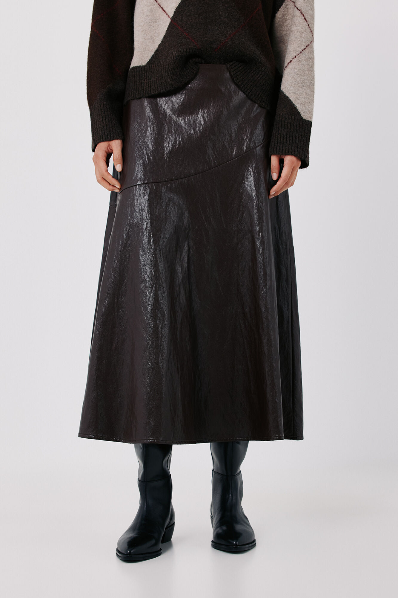 Cortefiel Faux leather midi skirt Dark brown