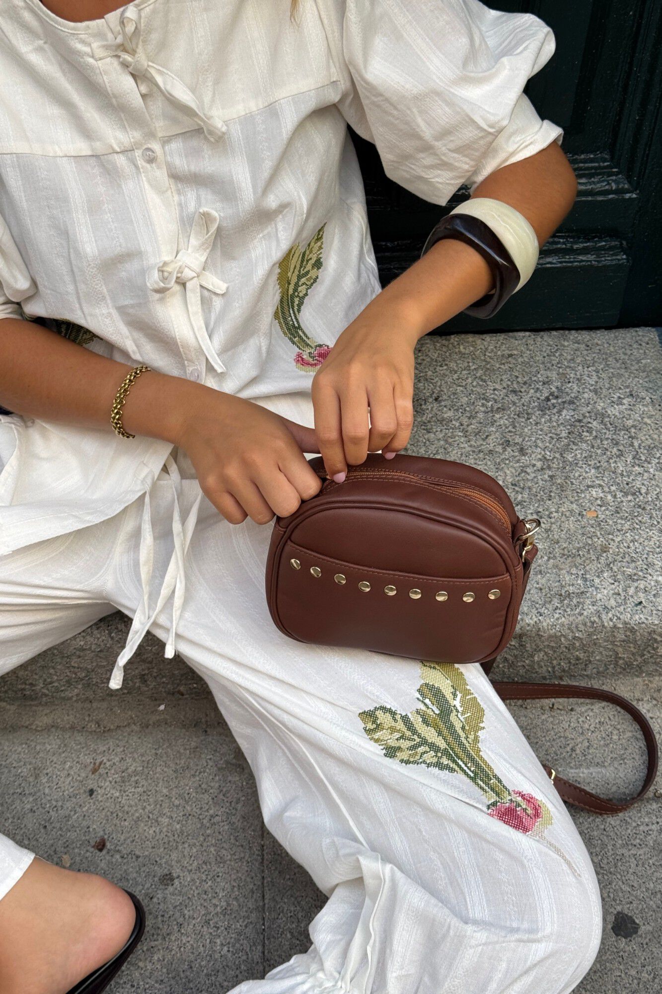 The Code Lola leather studded crossbody Brown
