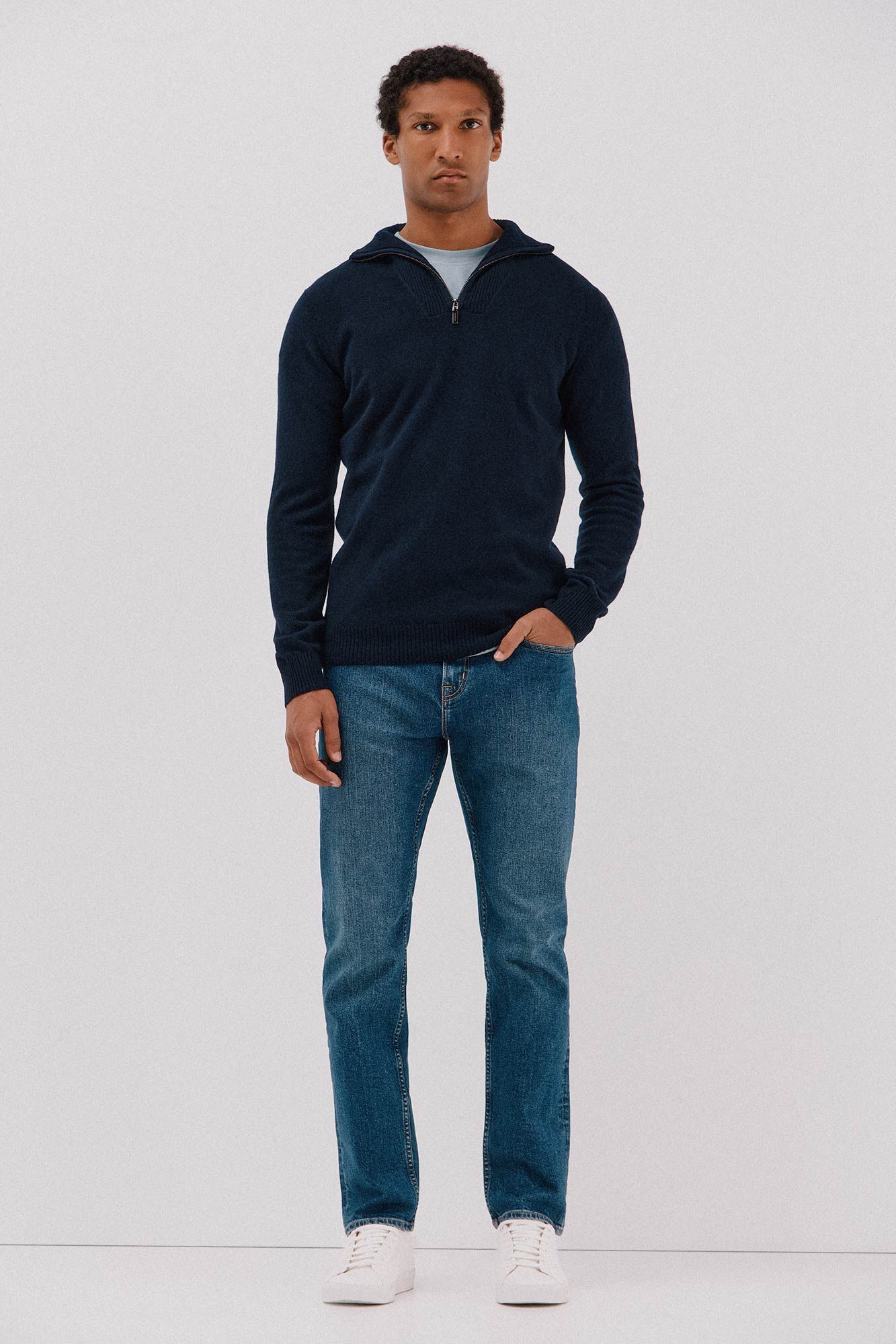 Cortefiel Jersey lana lambswool cuello abierto cremallera Azul marino