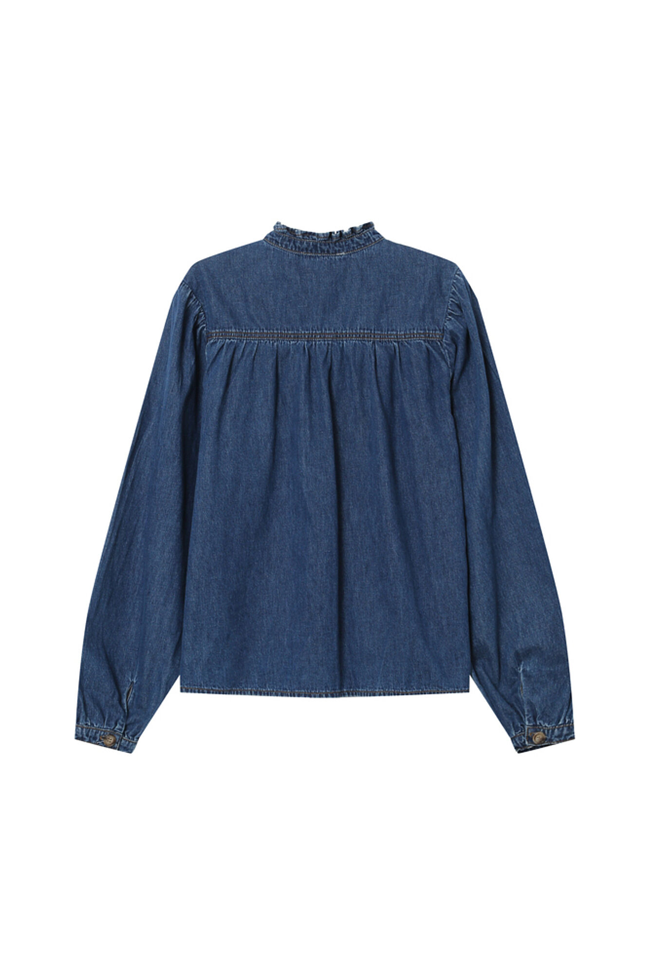 Grace & Mila long sleeve denim blouse with a ruffle and bow or tie detail at the neck Blue