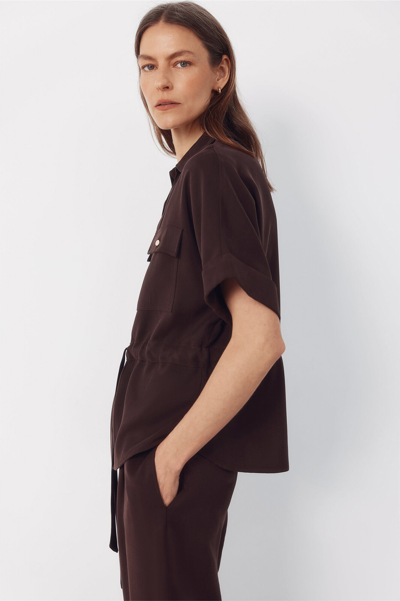 Cortefiel Short sleeve belted shirt Brown