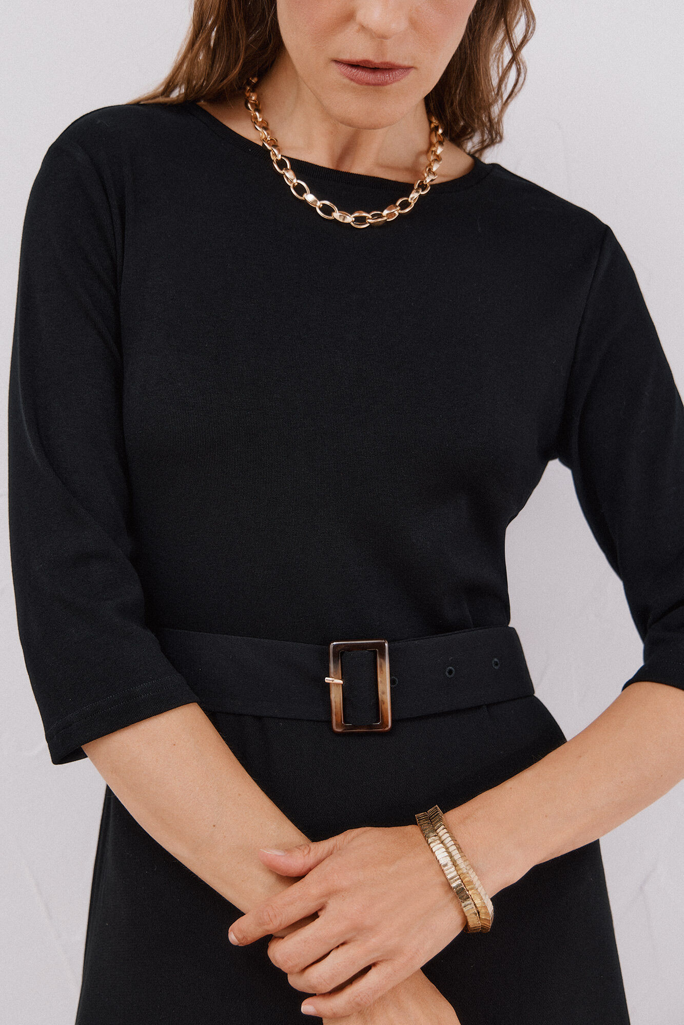 Cortefiel Vestido combinado com cinto Preto