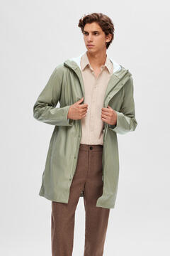 Cortefiel Waterproof raincoat with hood, made from recycled materials. Green