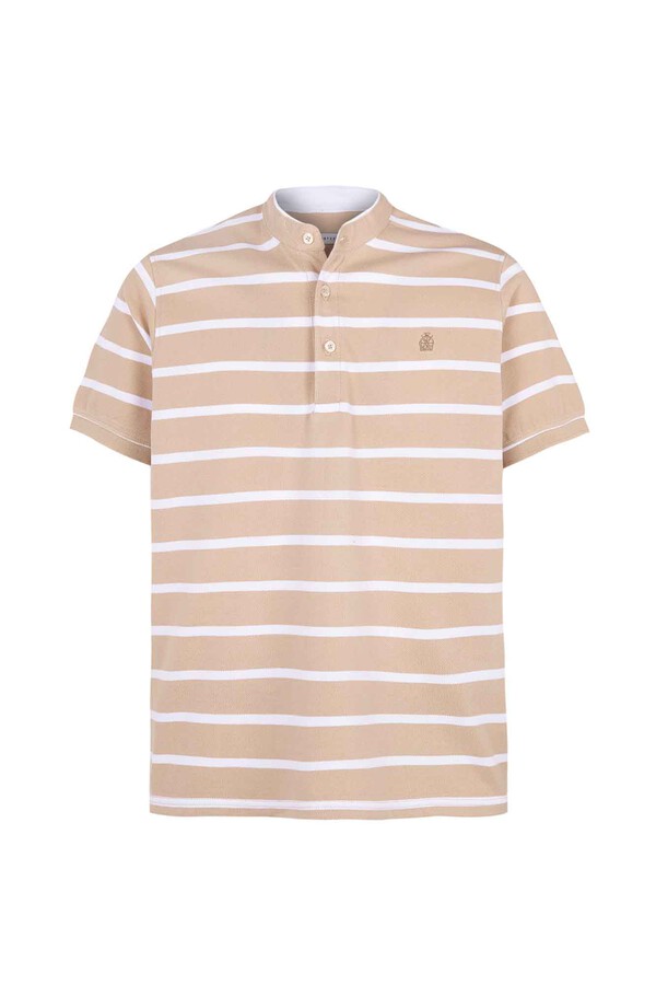 Cortefiel Striped polo shirt with mandarin collar Beige