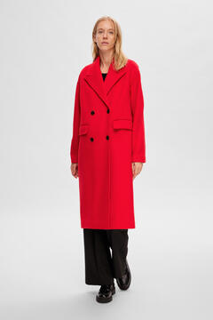 Cortefiel Long wool coat with double-breasted fastening. Red