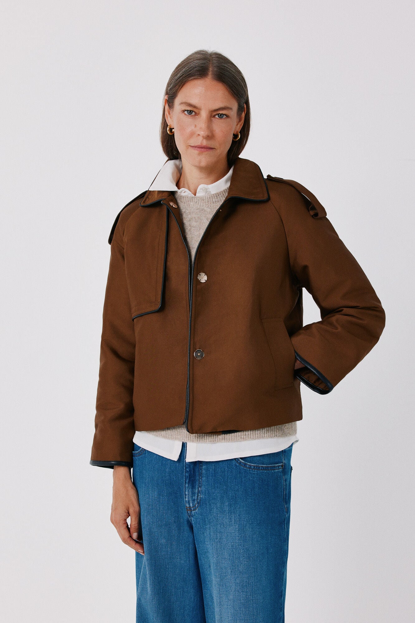 Cortefiel Satin-finish short trench Dark brown