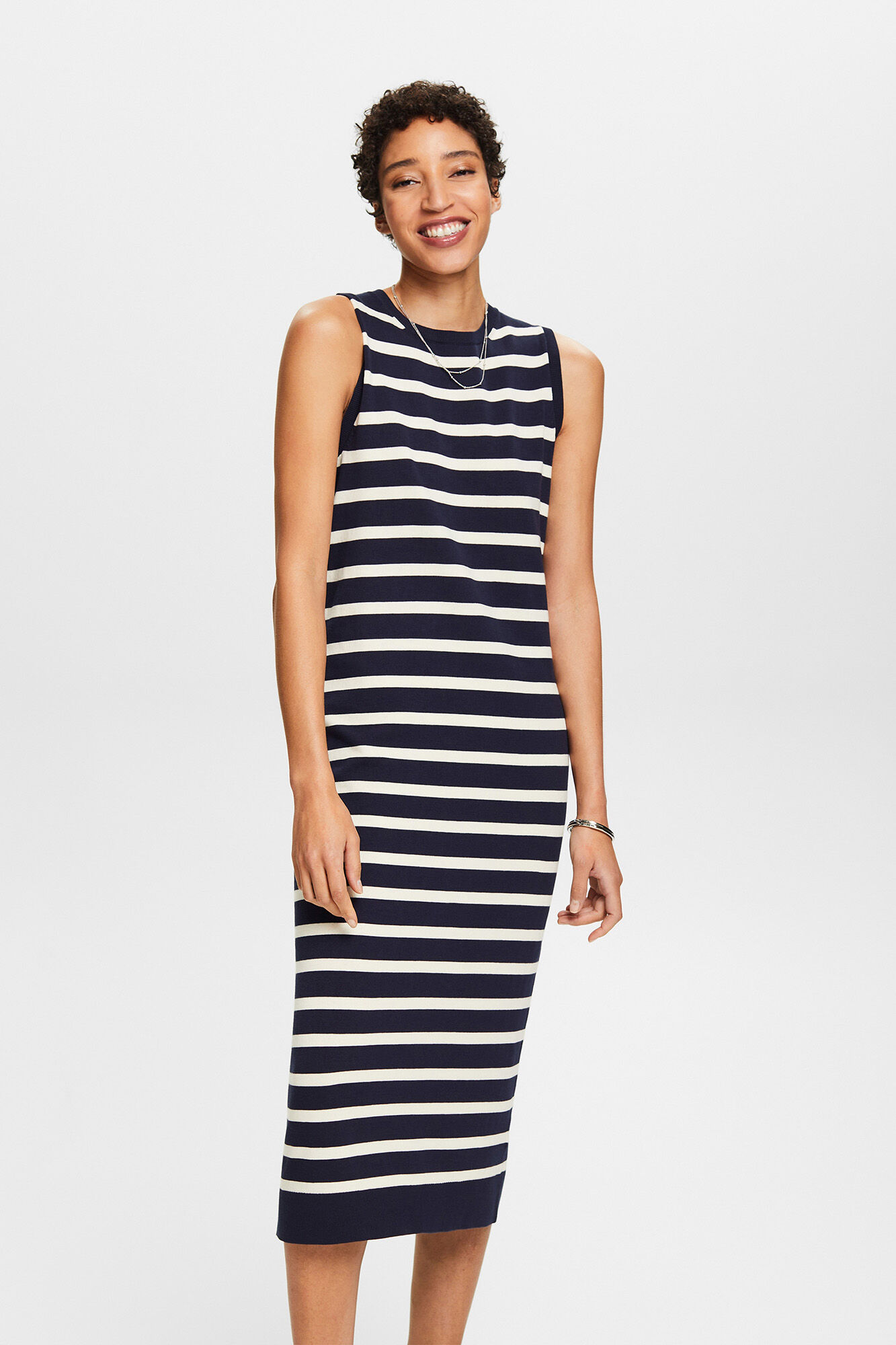 Esprit Vestido midi riscas algod&atilde;o Azul