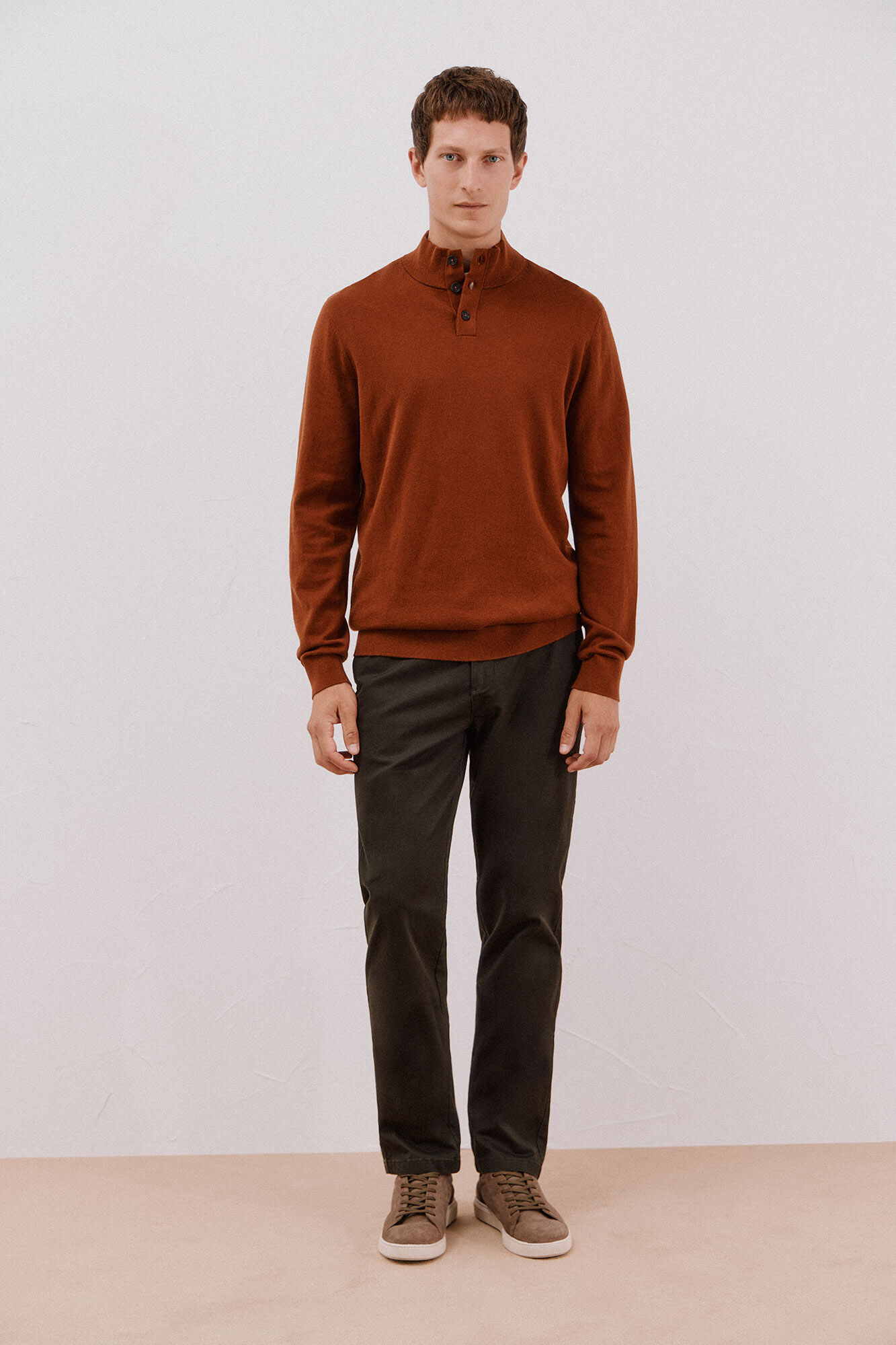 Cortefiel Cotton/silk cashmere high neck jumper Camel