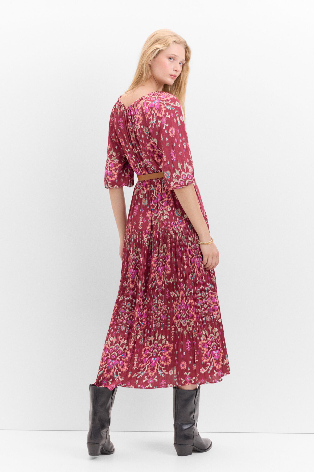 Cortefiel Pleated dress with slits Printed red