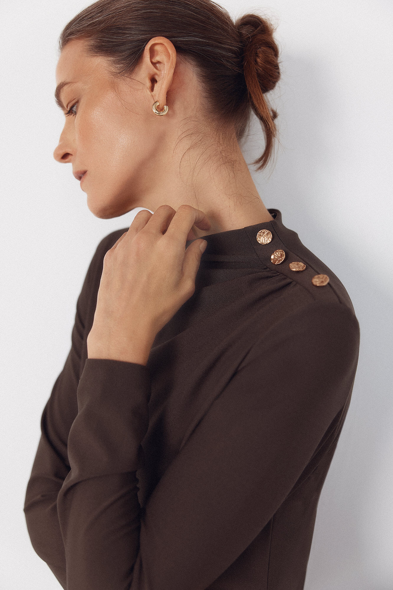 Cortefiel Long dress with gold buttons Brown