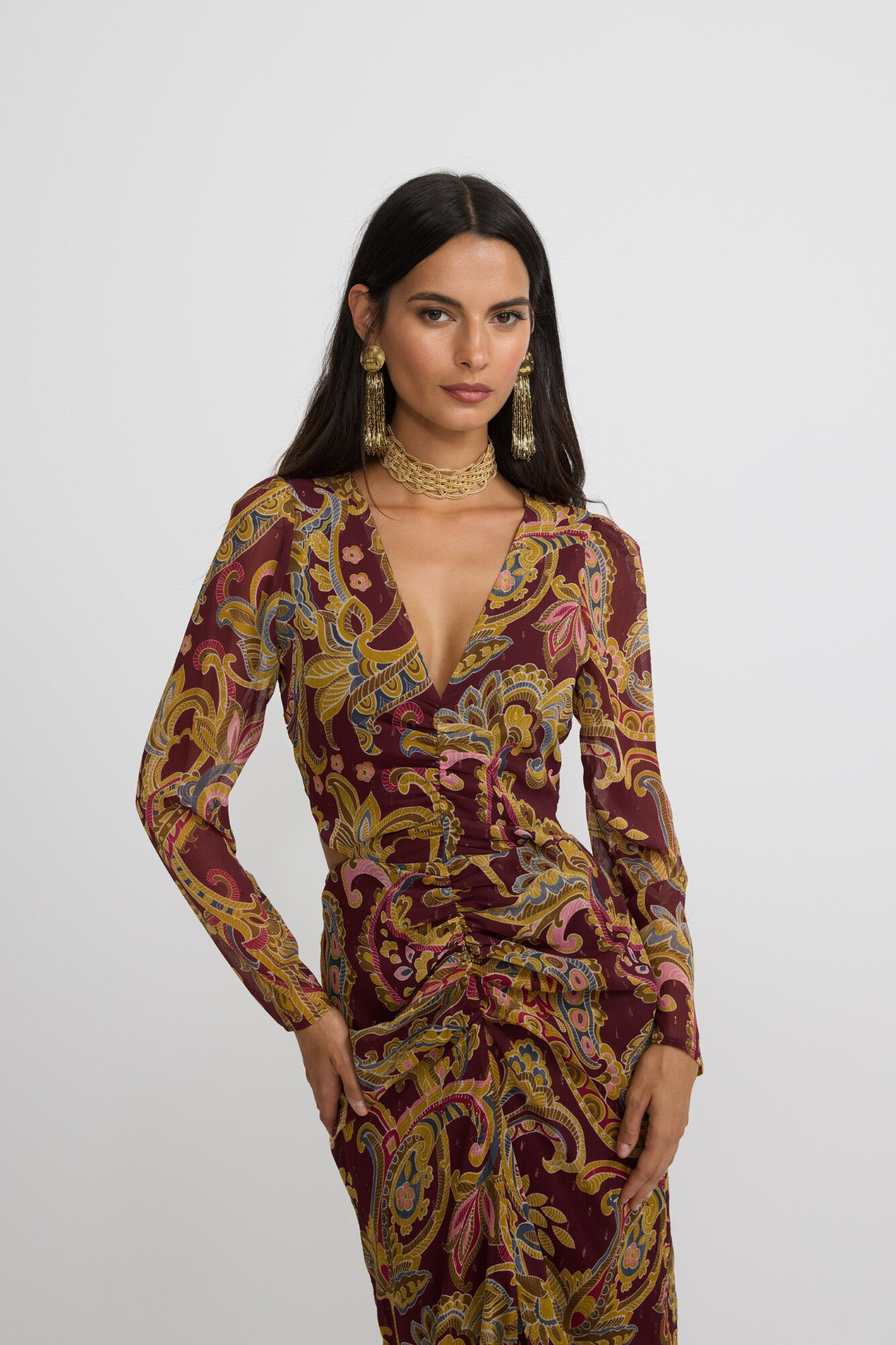 Silbon Vestido longo com fenda estampado em cashmere Granada