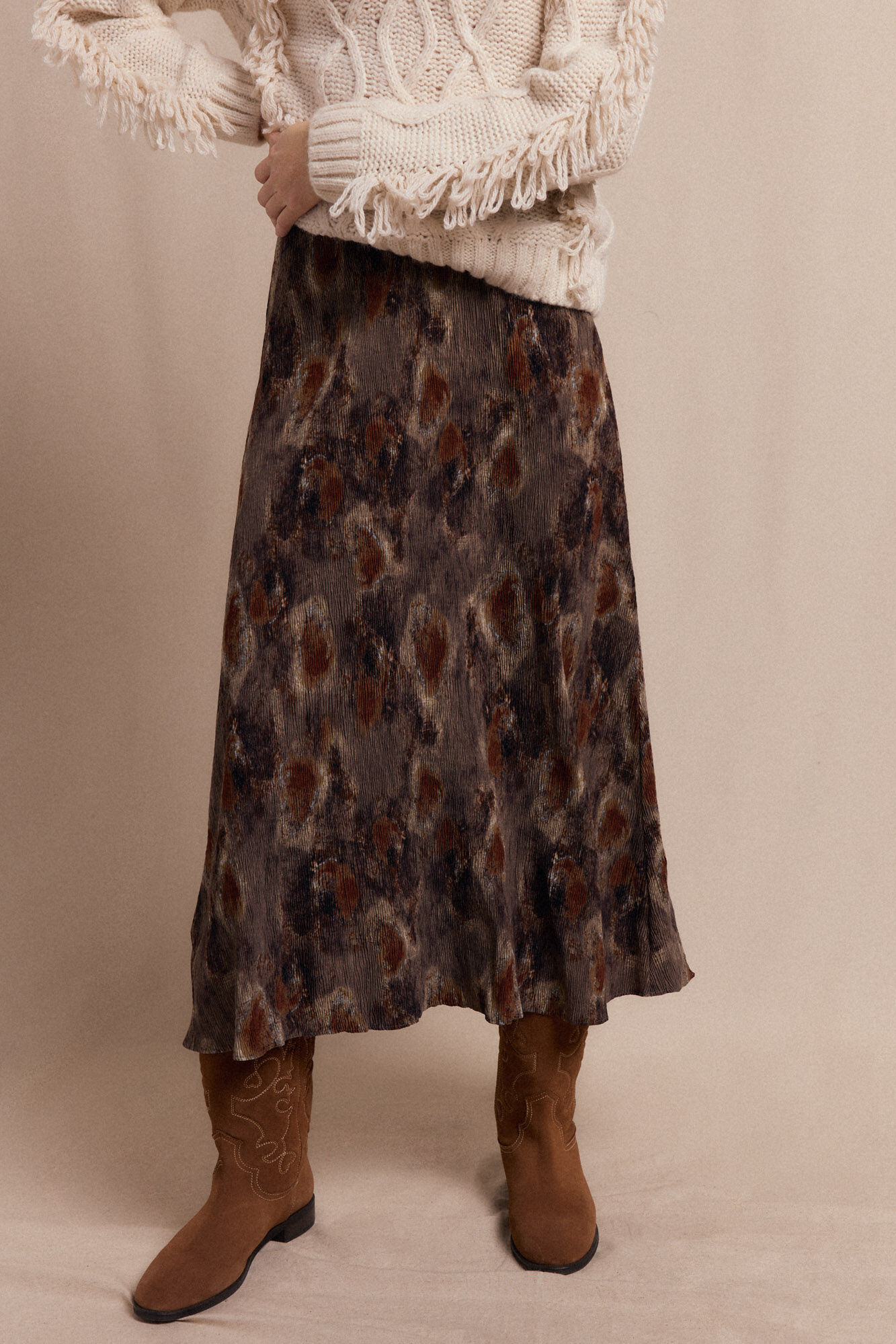 Slowlove Saia midi estampada Castanho