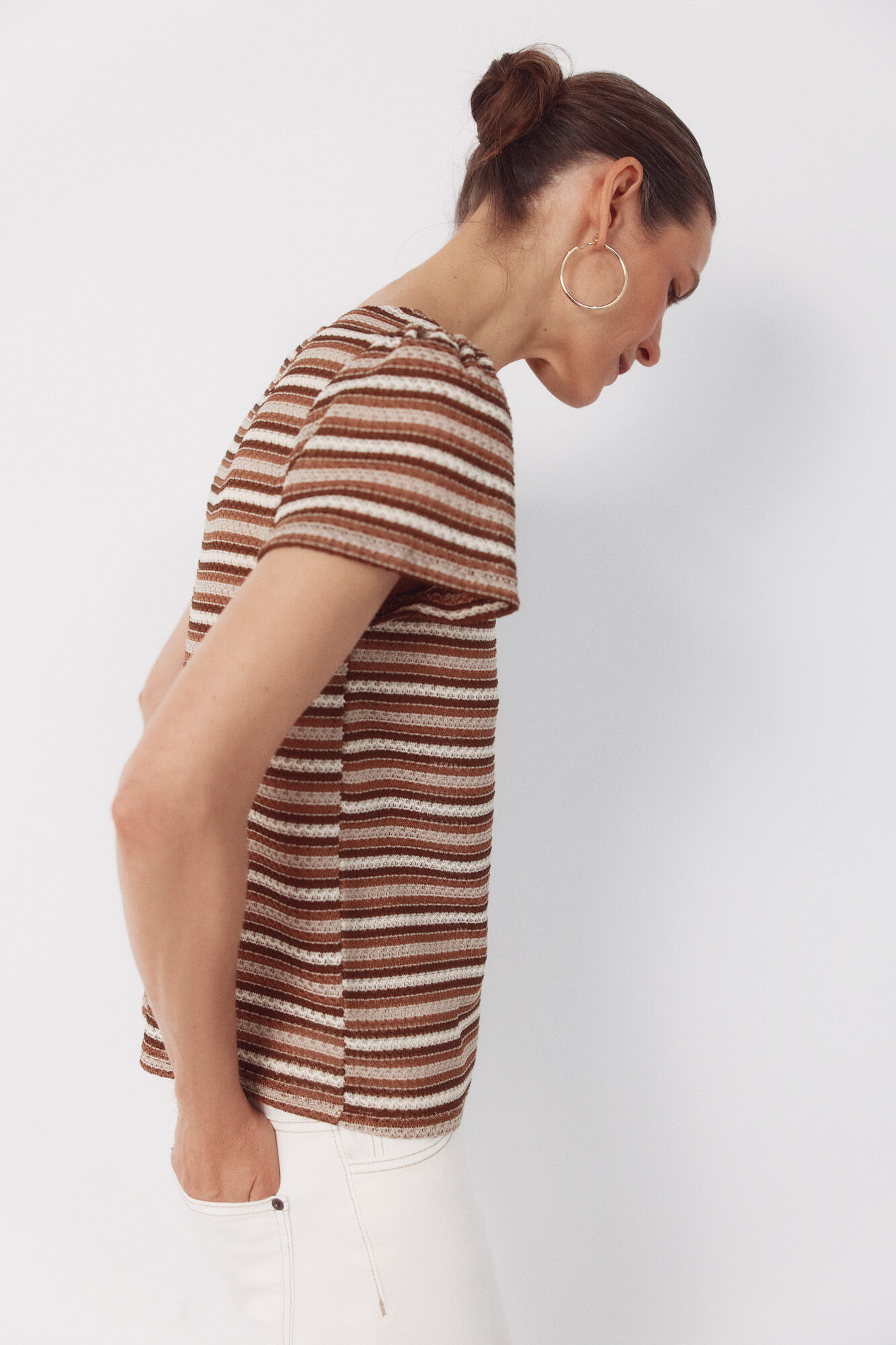 Cortefiel Striped structured top Printed white