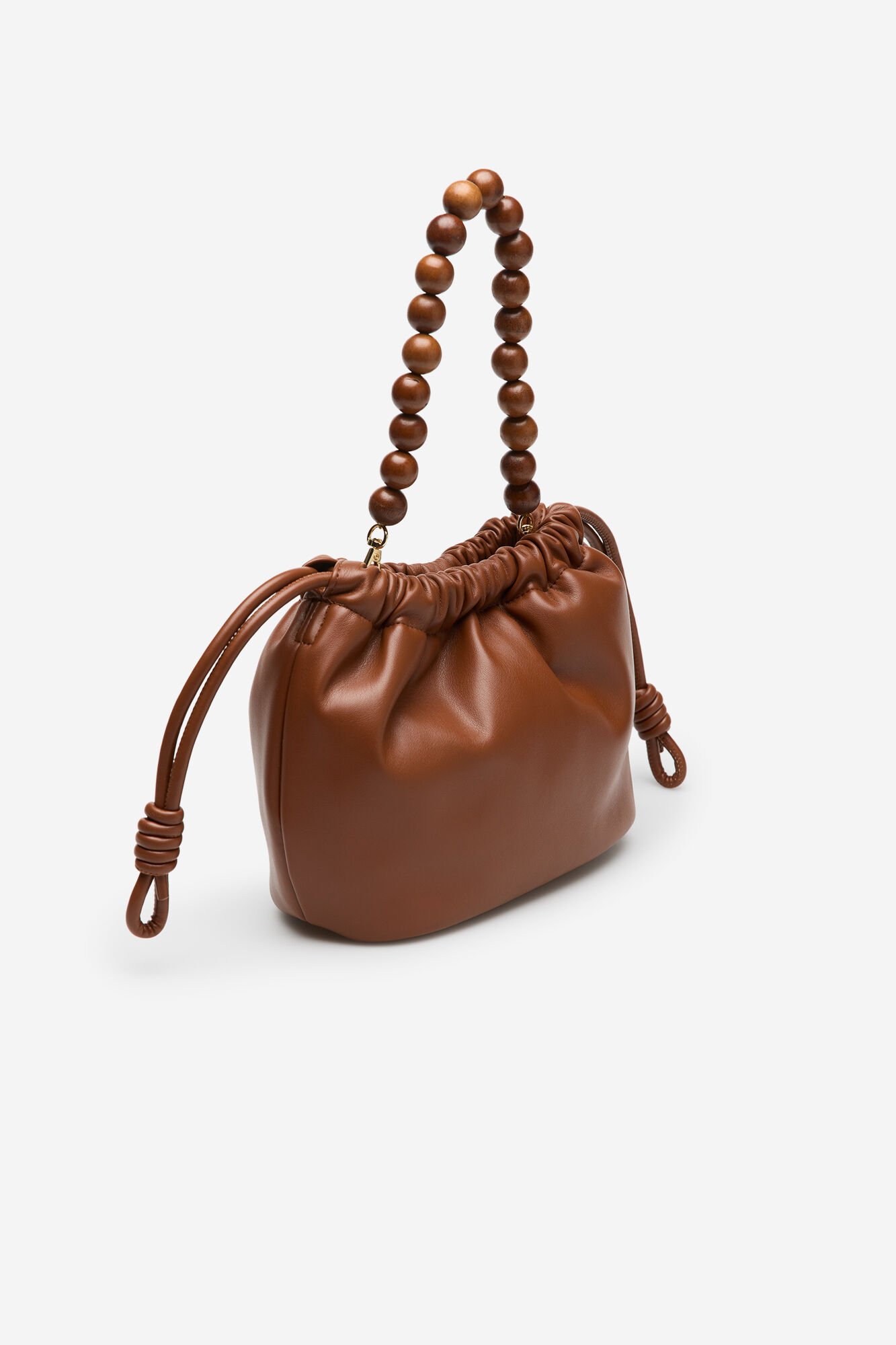 Cortefiel Gathered bag with wooden bead handle Brown
