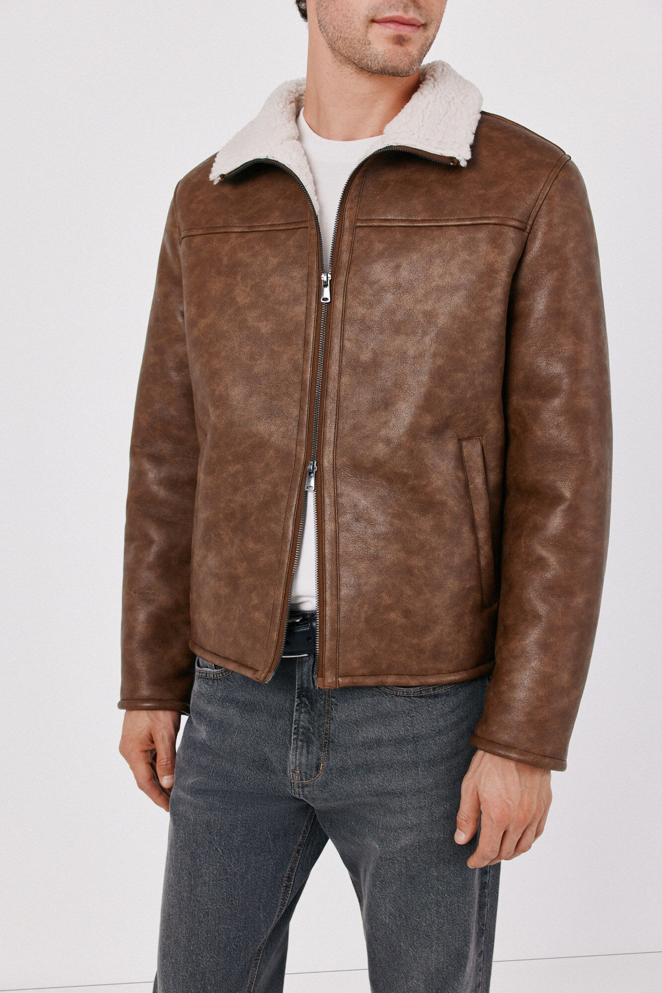 Cortefiel Faux shearling and faux leather jacket Brown