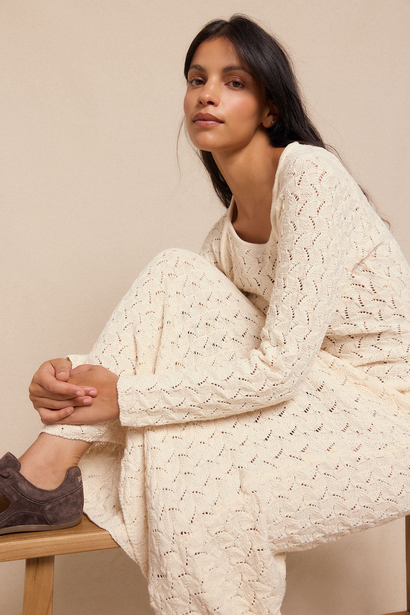 Slowlove Vestido de malha vazada multicolor Ecru