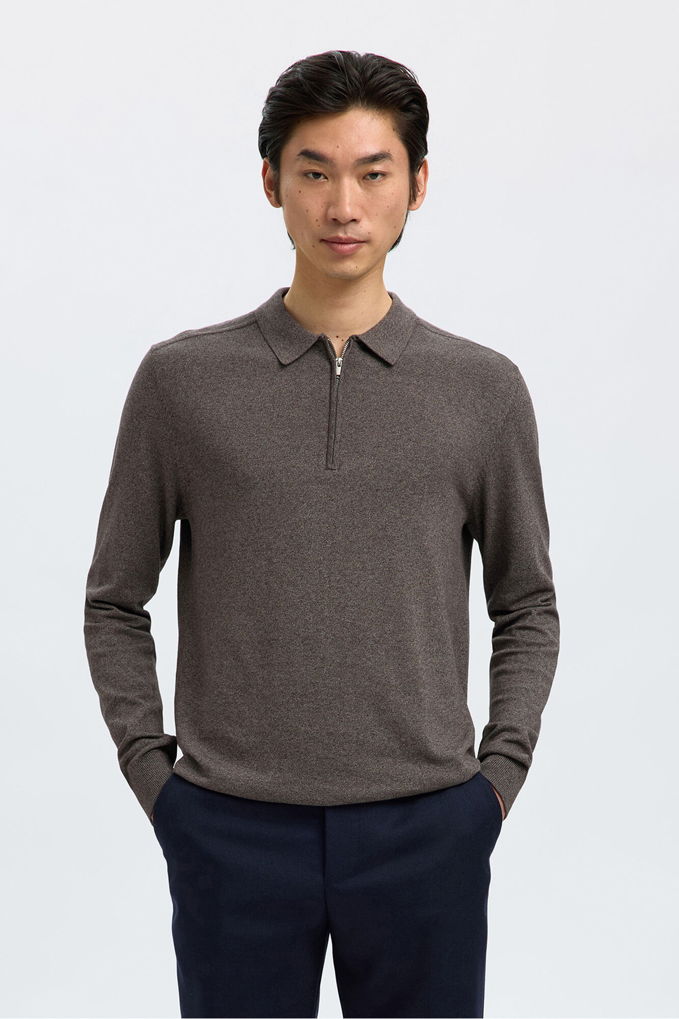 Selected Camisola polo 100% algod&atilde;o com meia fecho-&eacute;clair . Cinzento