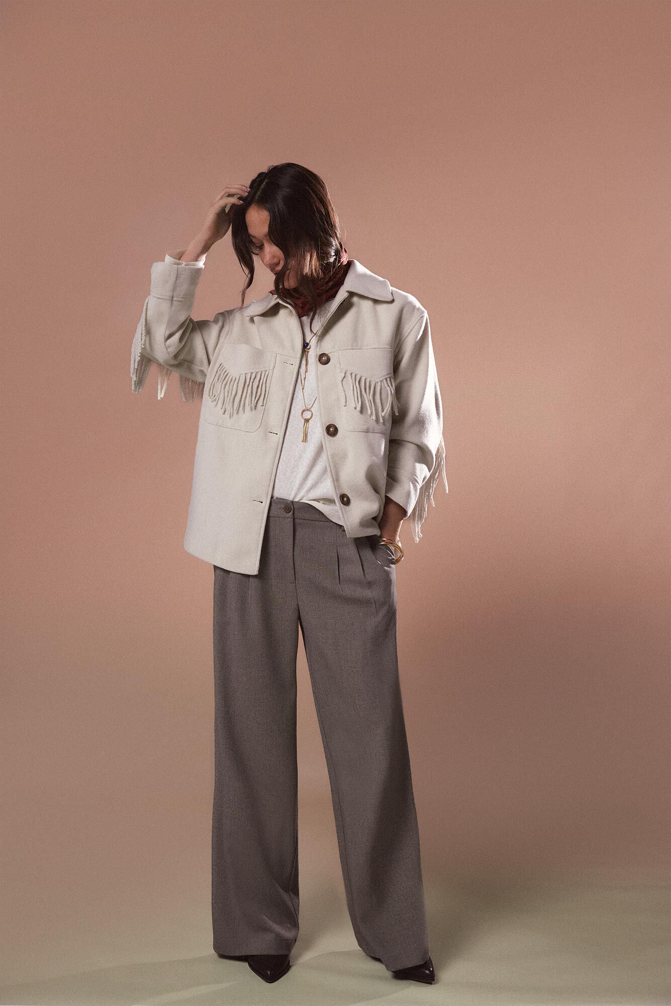 Slowlove Abrigo corto con flecos Beige