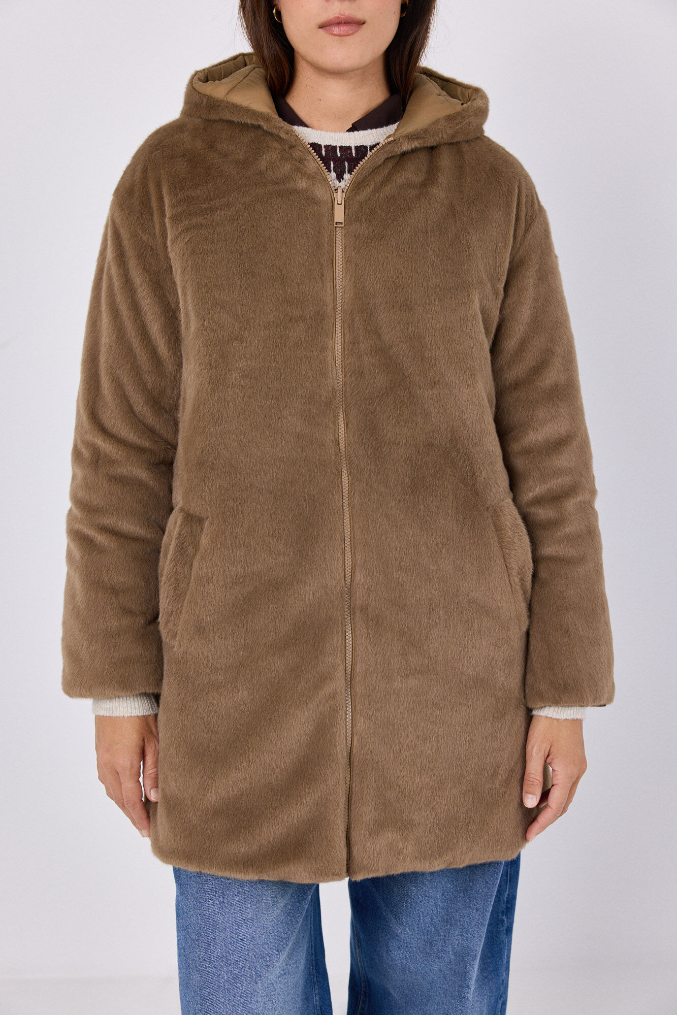 Cortefiel Anorak acolchado reversible efecto pelo Beige