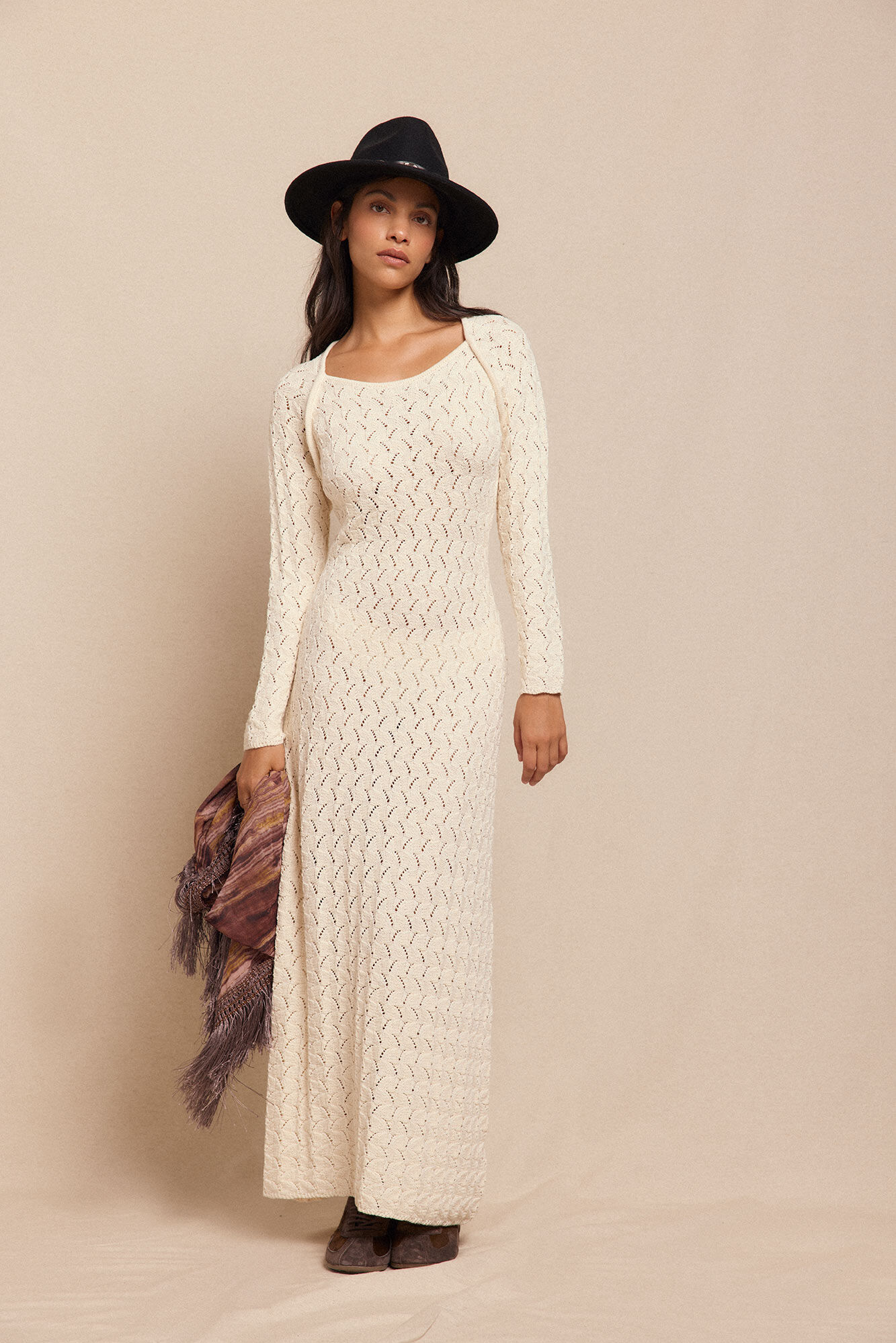 Slowlove Vestido de malha vazada multicolor Ecru