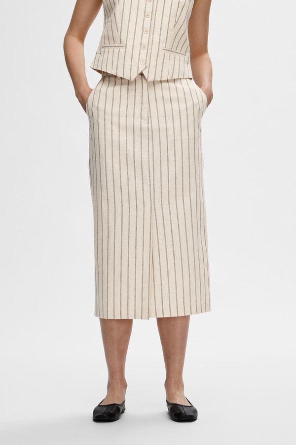 Cortefiel Striped midi skirt made with organic materials and cotton. Grey