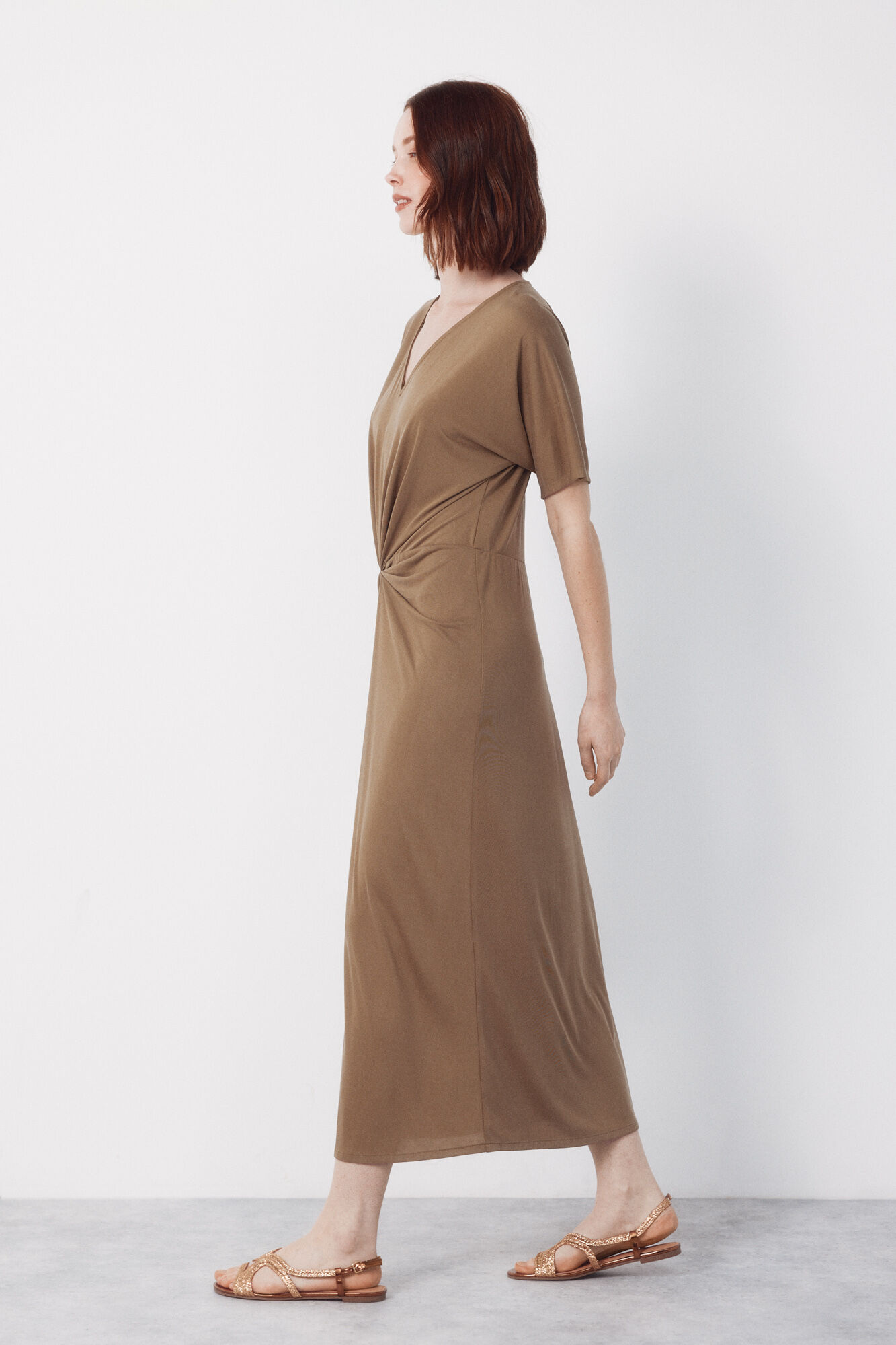 Cortefiel Long knotted dress Kaki