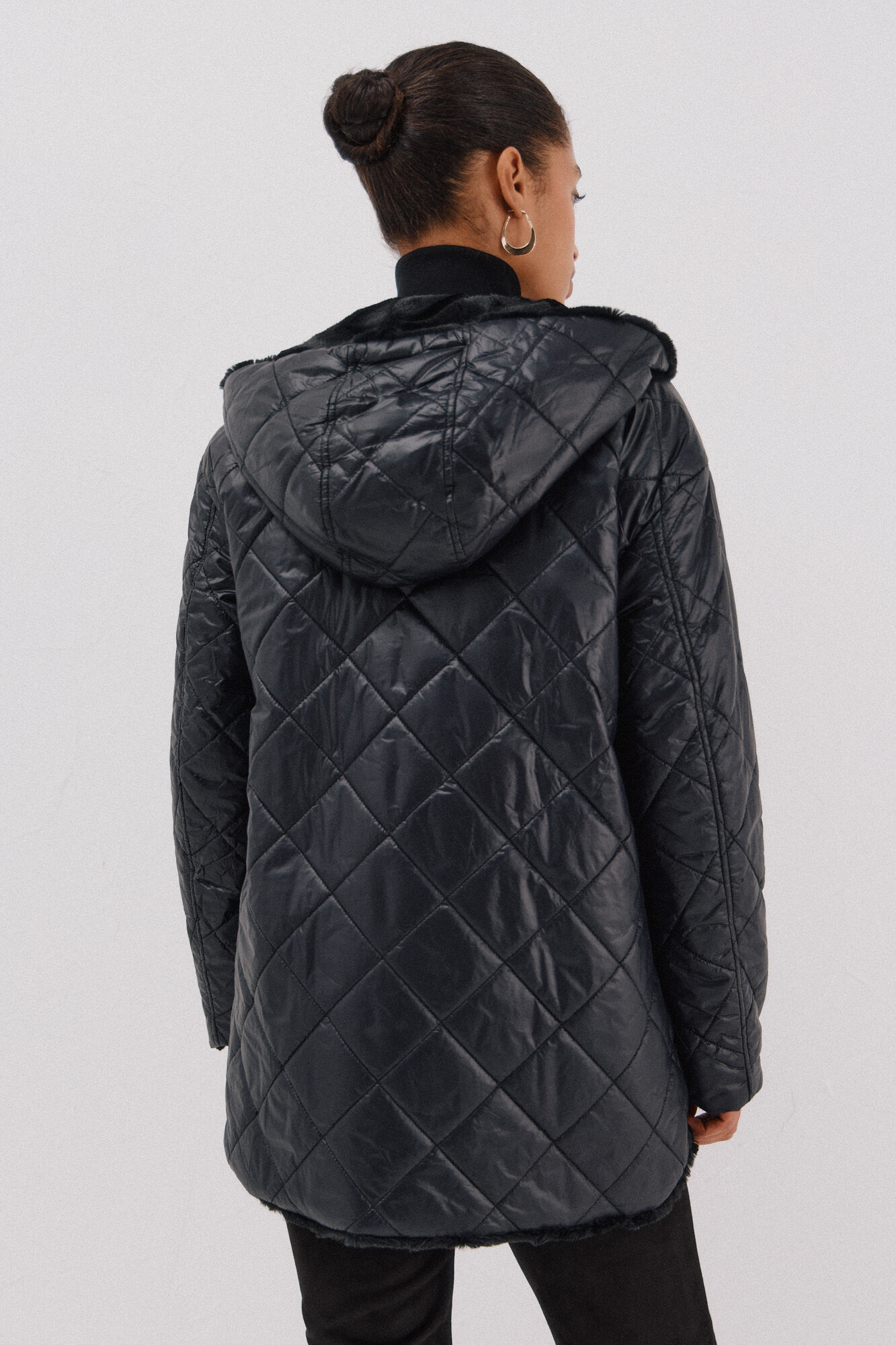 Cortefiel reversible quilted anorak with fur effect Black