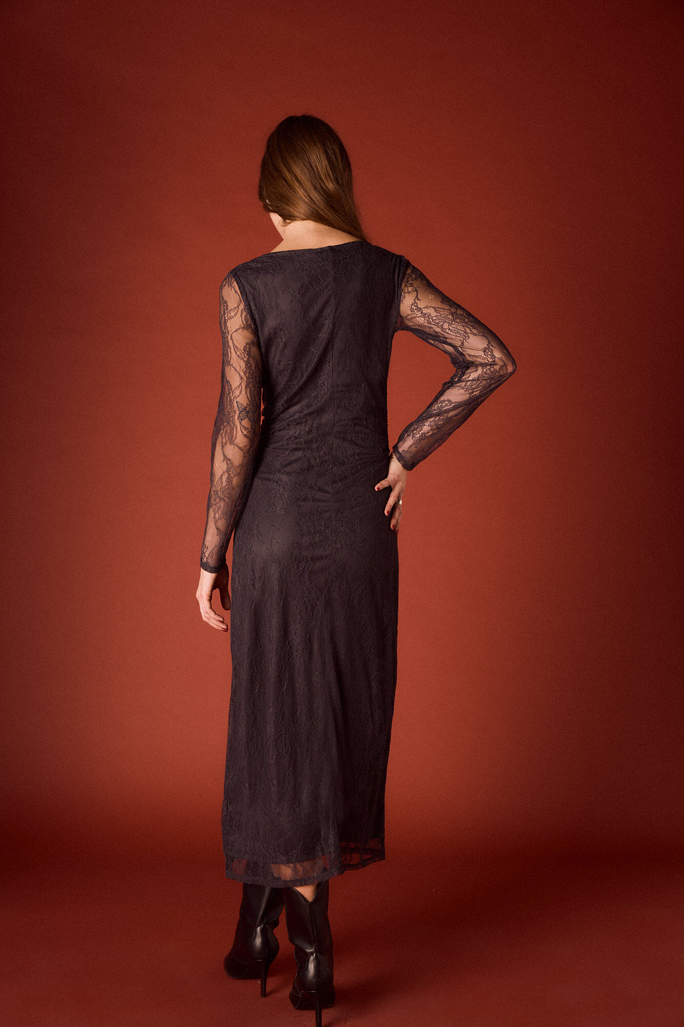 Slowlove Vestido longo de renda Cinzento