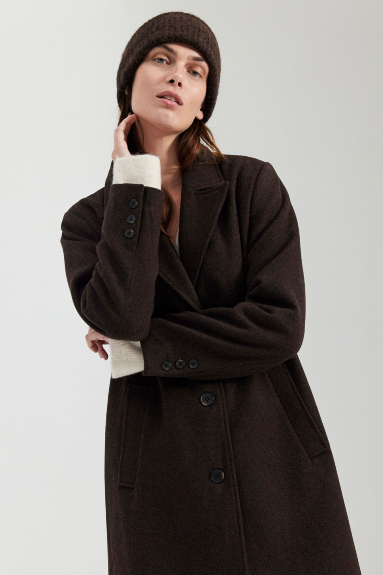 Selected Femme Classic recycled wool coat with button fastening. Brown