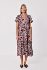Cortefiel Vestido pico manga vuelo Estampado granate