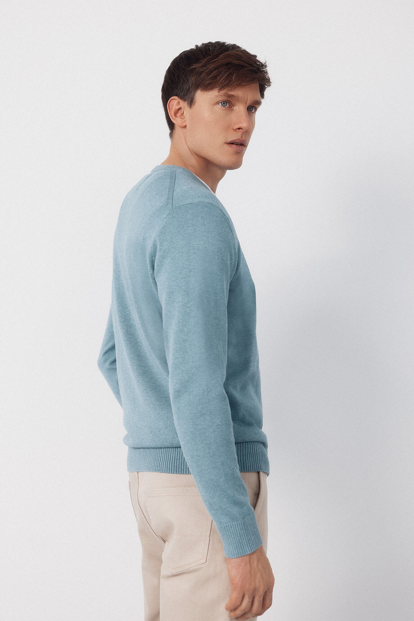 Cortefiel Basic cotton knit round neck jersey-knit Blue