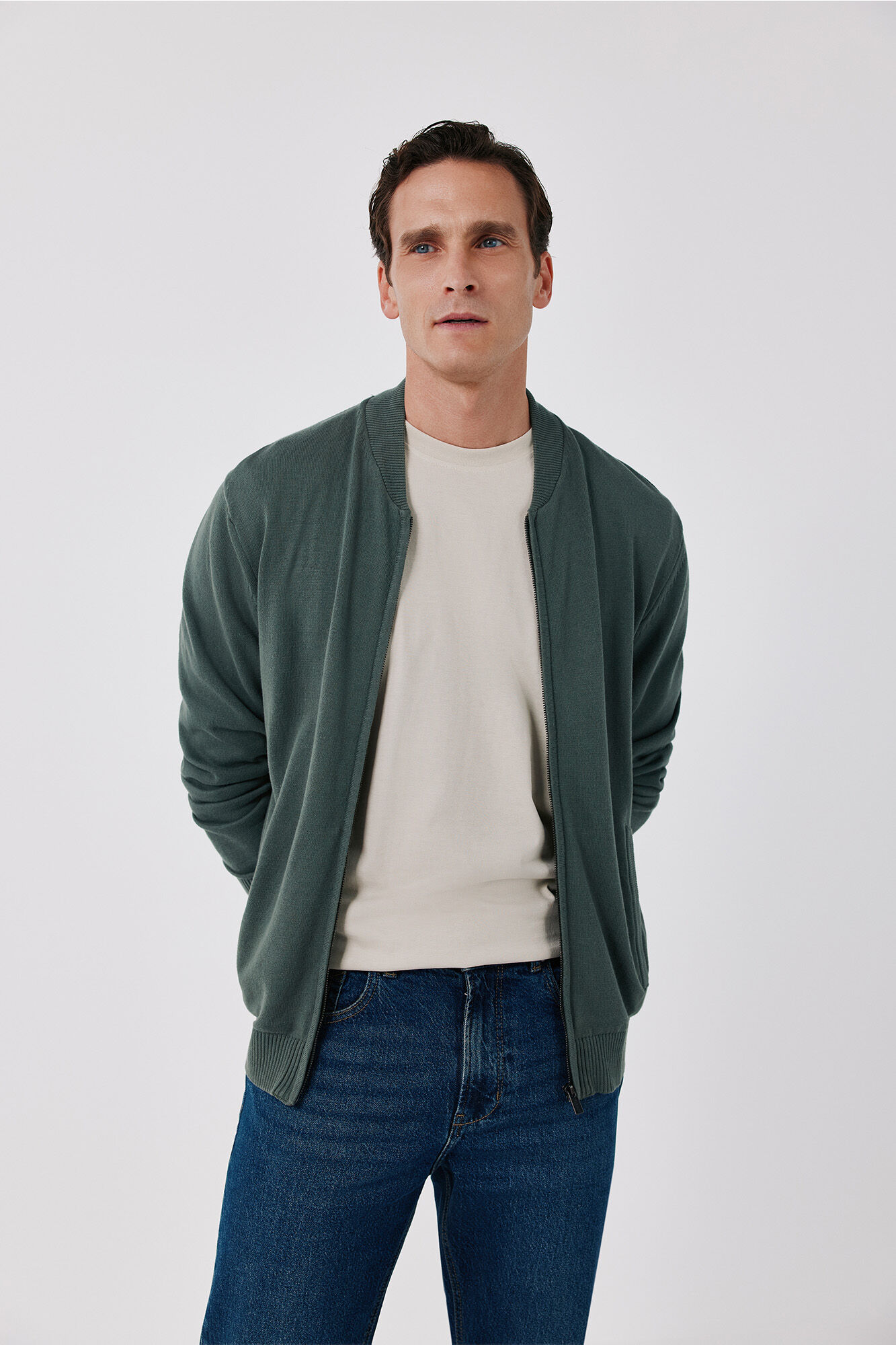Cortefiel Cotton fine knit zip fastening cardigan