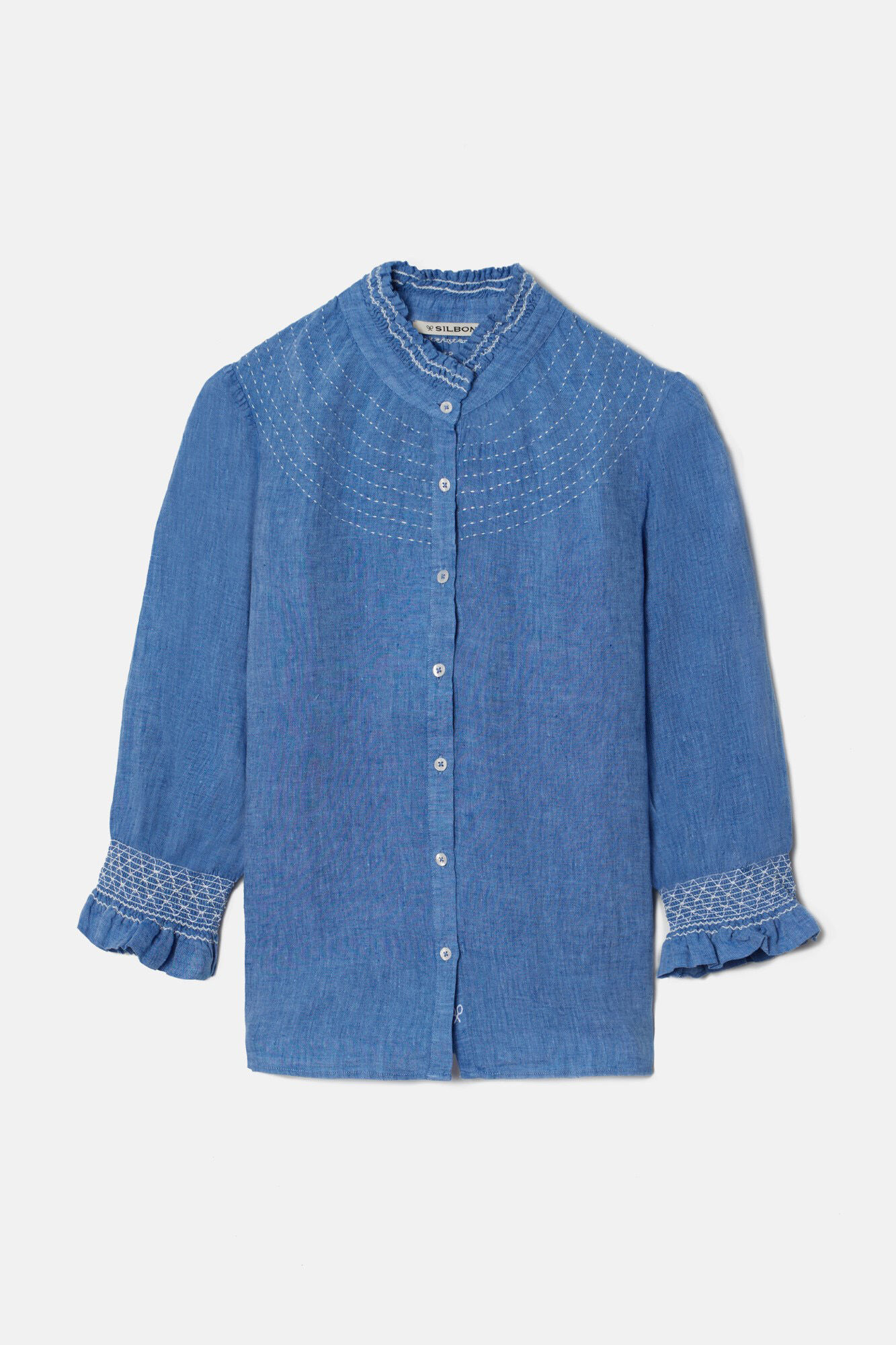 Silbon Linen gathered shirt with 3/4 length sleeves  Blue