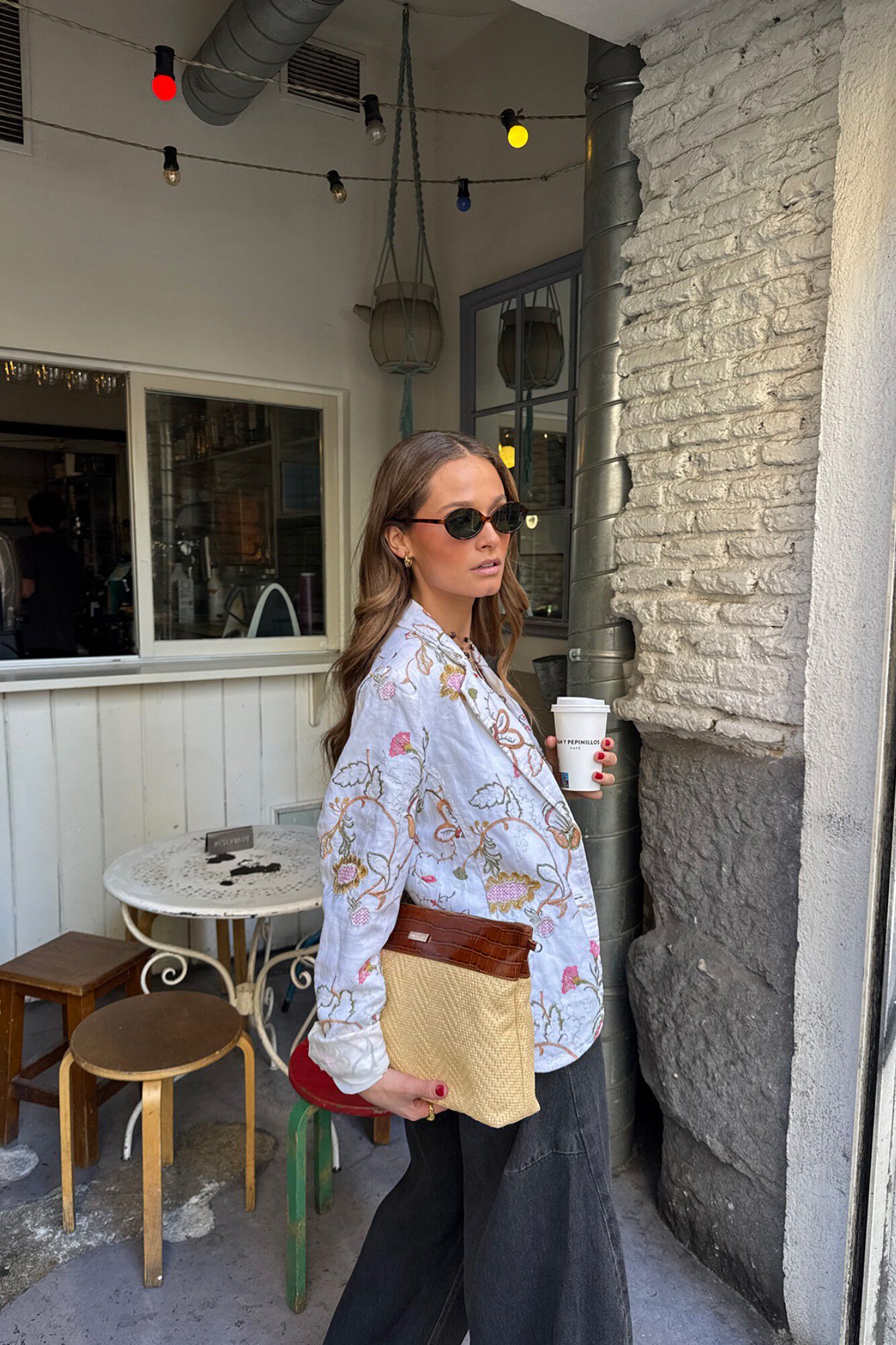 The Code About Marbella leather and hazelnut raffia Brown