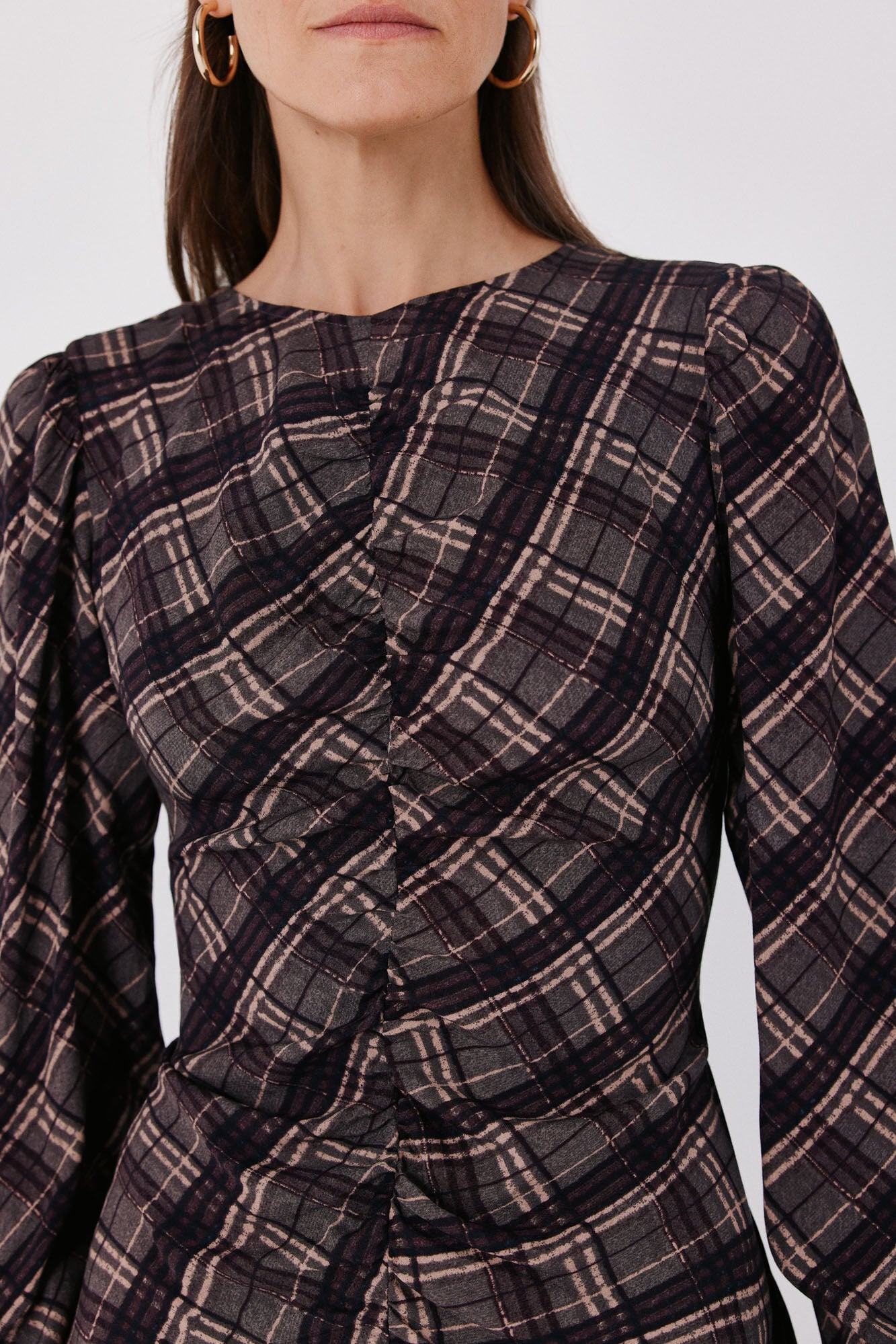 Cortefiel Plaid print ruched dress Printed grey