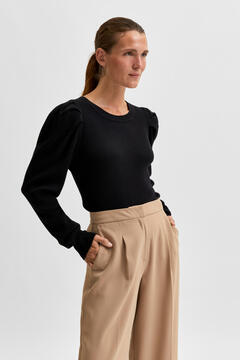 Cortefiel Ribbed jumper with puffed sleeves made of Lenzing ECOVERO. Black