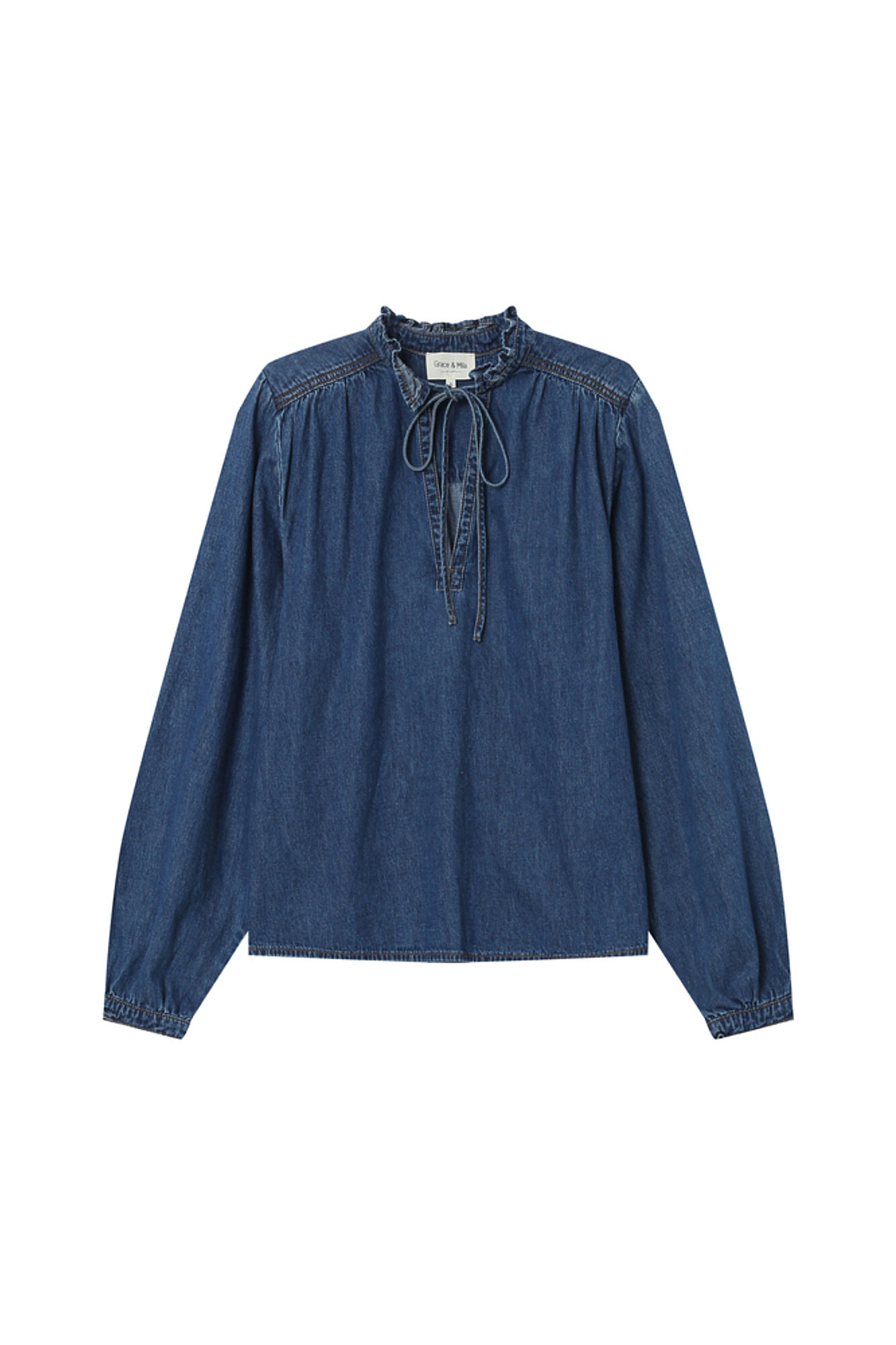 Grace & Mila long sleeve denim blouse with a ruffle and bow or tie detail at the neck Blue