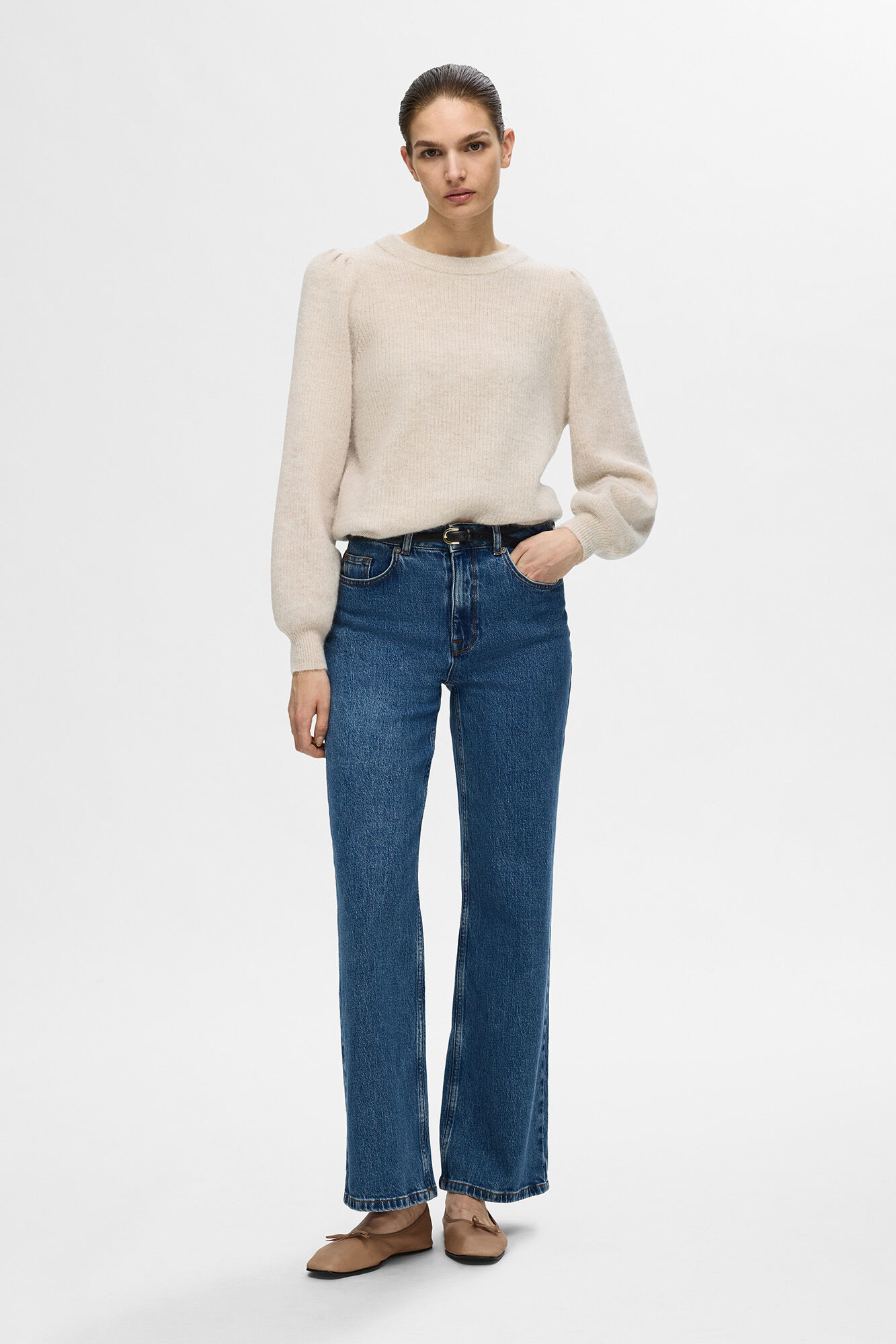 Selected Femme Jersey Rib de cuello redondo confeccionado con lana y alpaca. Gris