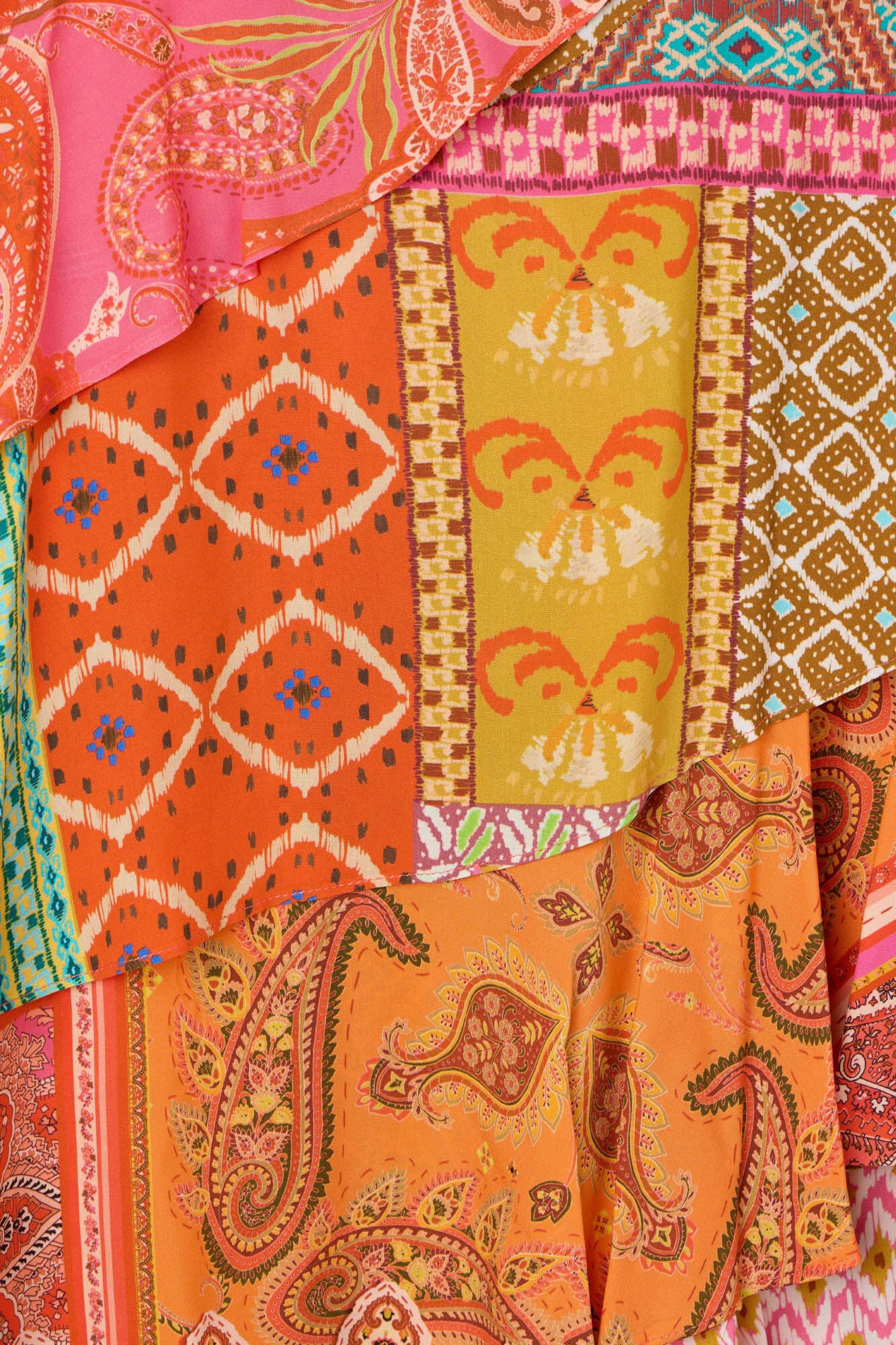 Silbon Vestido longo com estampado patchwork e babados Multicolorido