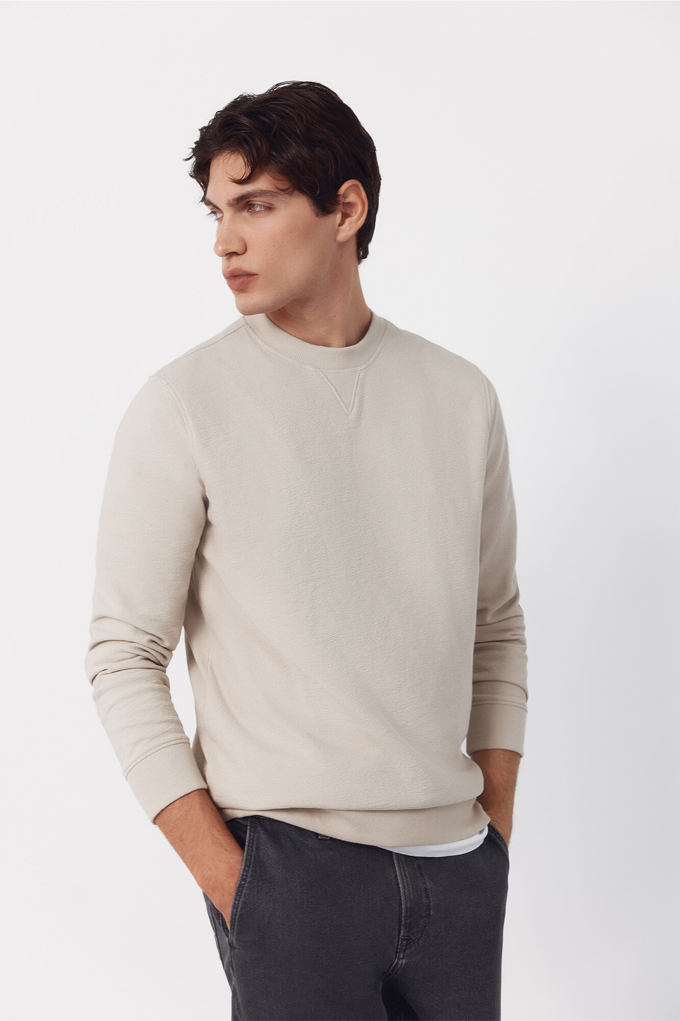 Cortefiel Textured crew neck sweatshirt Beige