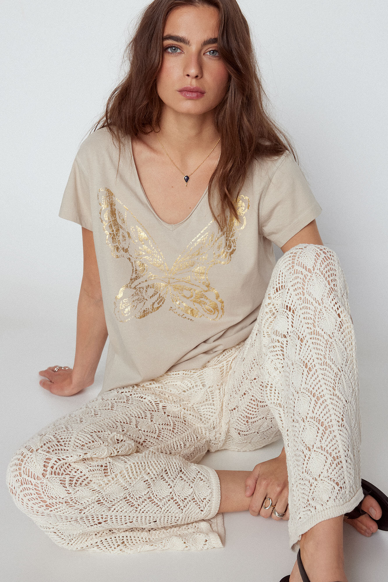 Slowlove Foil butterfly T-shirt Beige