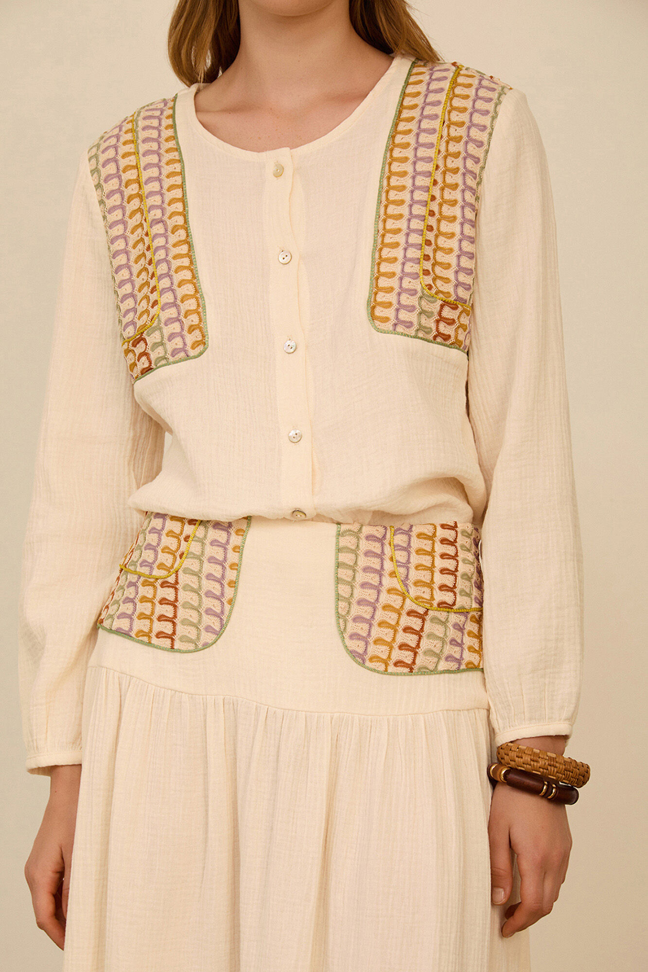 Meisie Blusa bimaterial com len&ccedil;o Branco