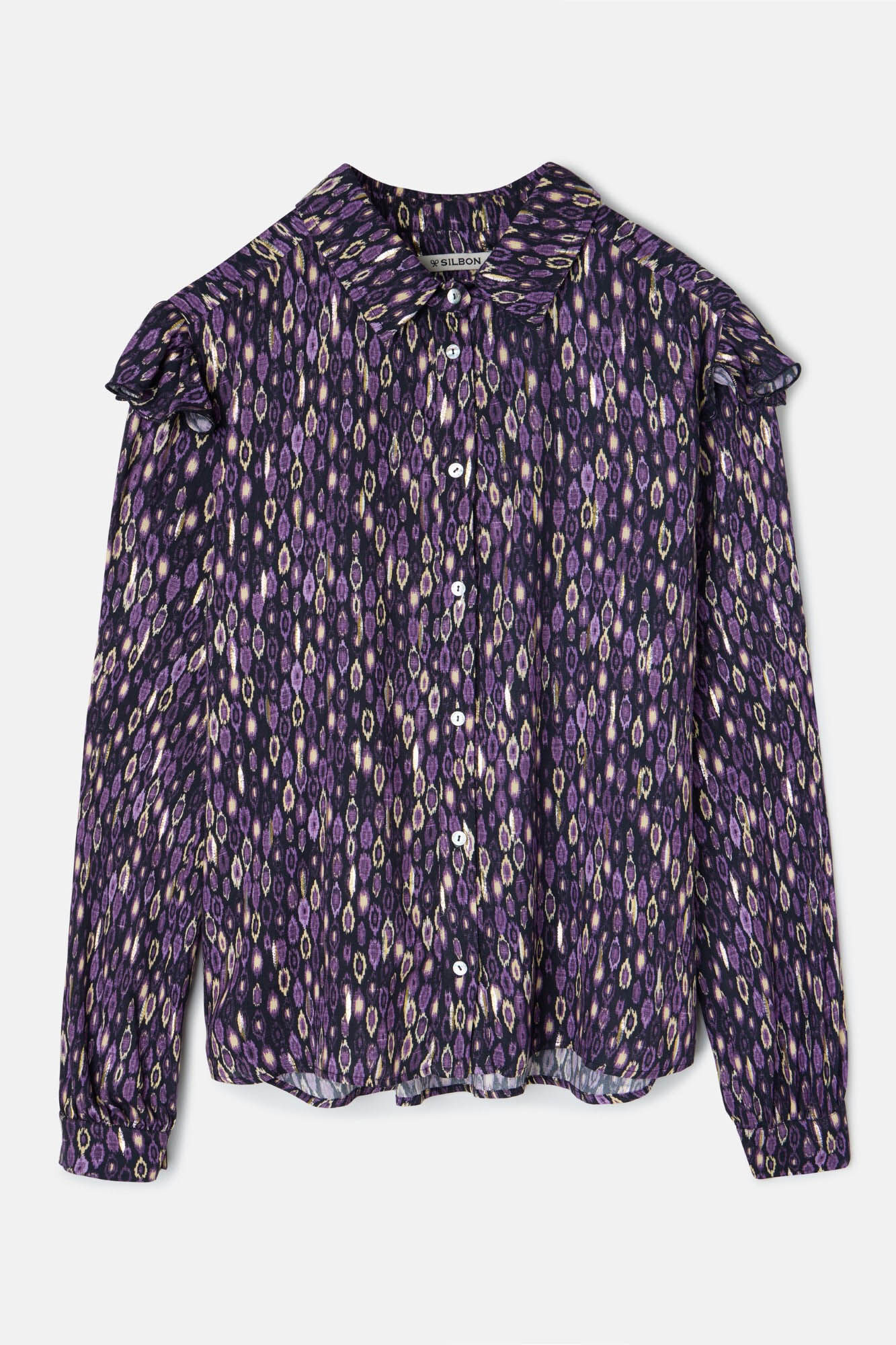 Silbon Camisa com babados e estampado Ikat no ombro Roxo