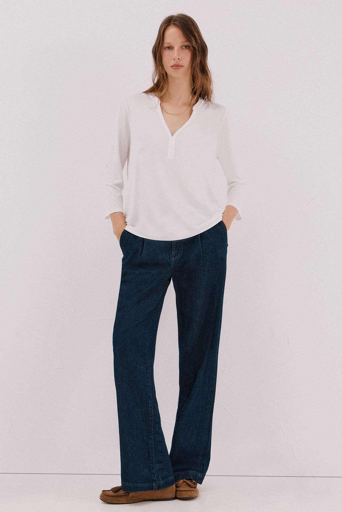Cortefiel Basic top with mandarin collar Ivory