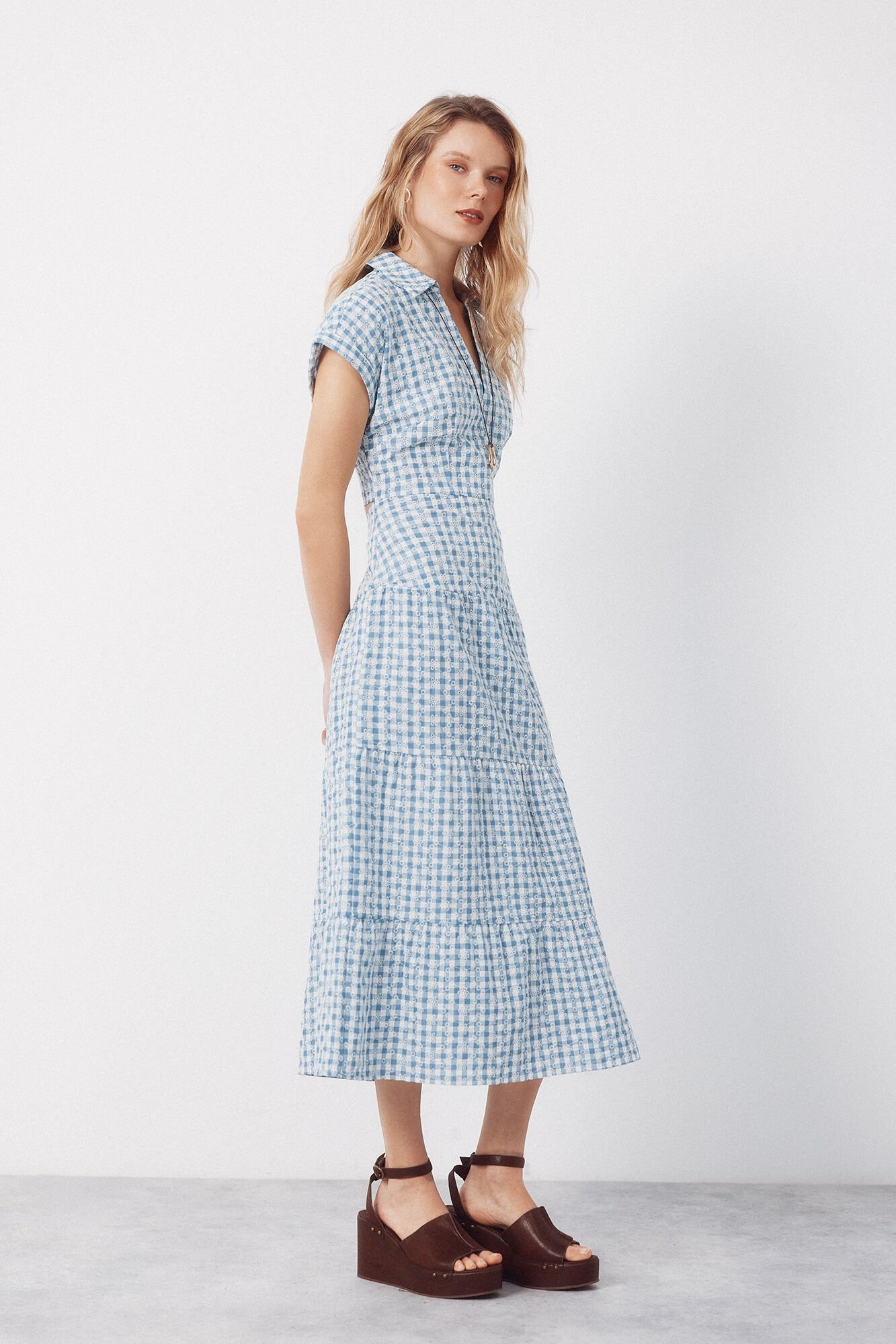 Cortefiel embroidered gingham dress Printed blue