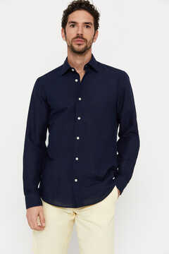 Cortefiel Plain linen cotton shirt Navy