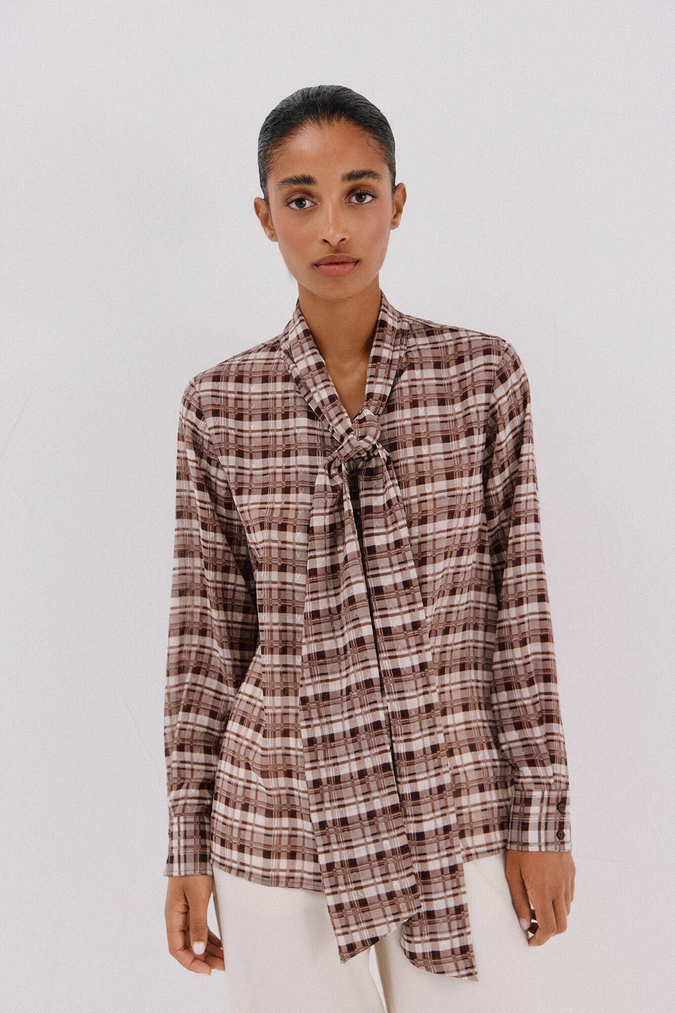 Cortefiel Checkered print bow or tie blouse Multicolour