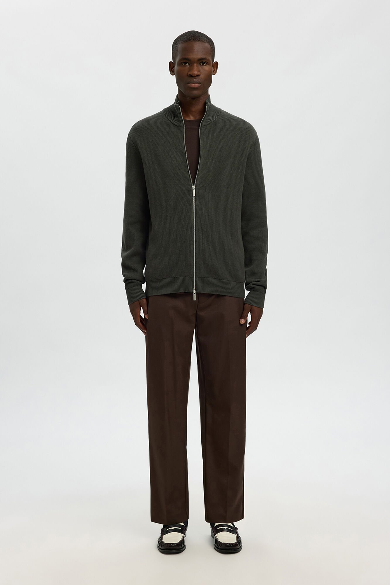 Selected 100% organic cotton jersey-knit zip fastening jacket Dark green