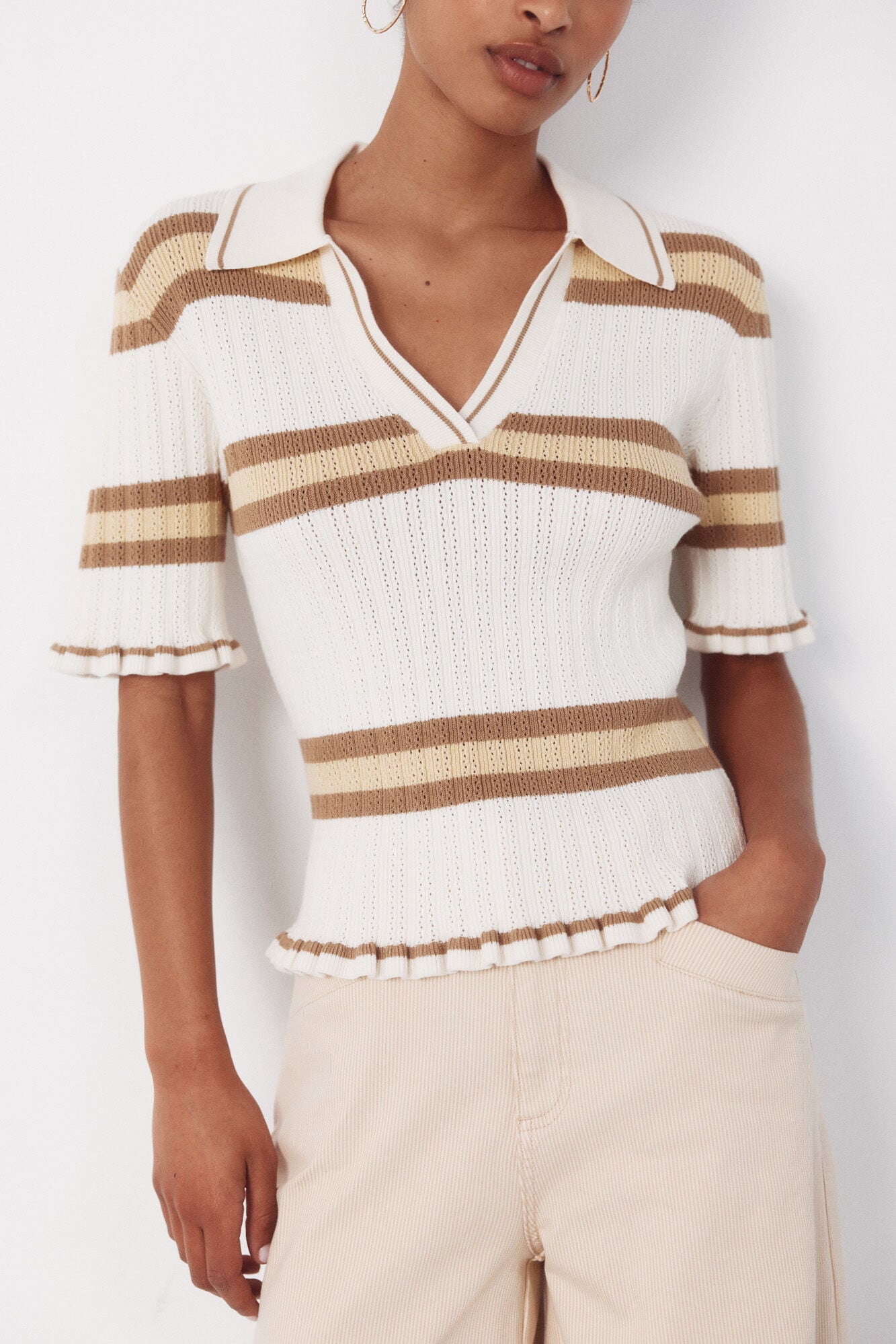 Cortefiel Striped polo jumper Ivory
